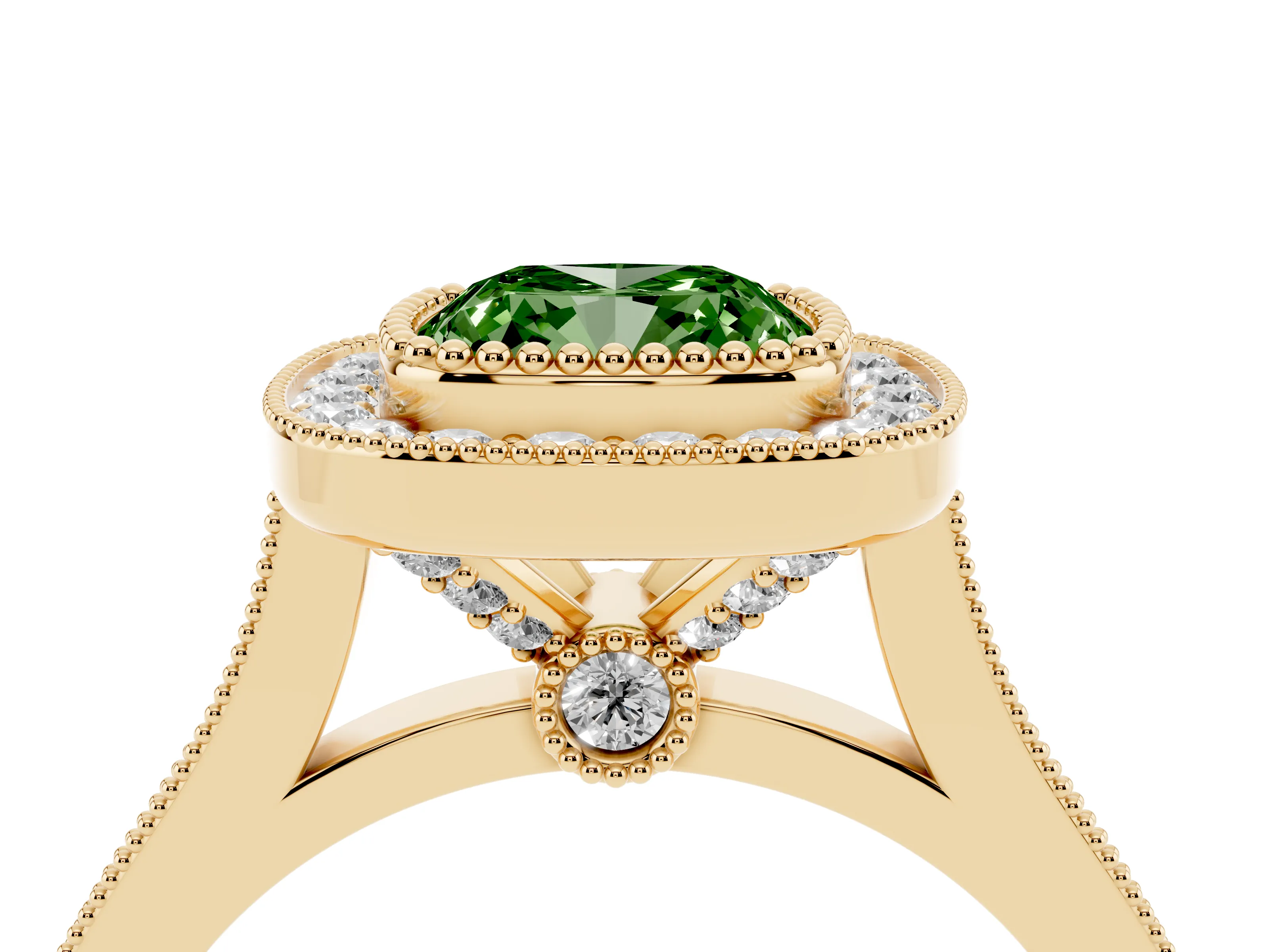 Fancy Green Cushion Cut Diamond Halo Ring Set in Yellow gold with Milgrain Frame and Pavé Band