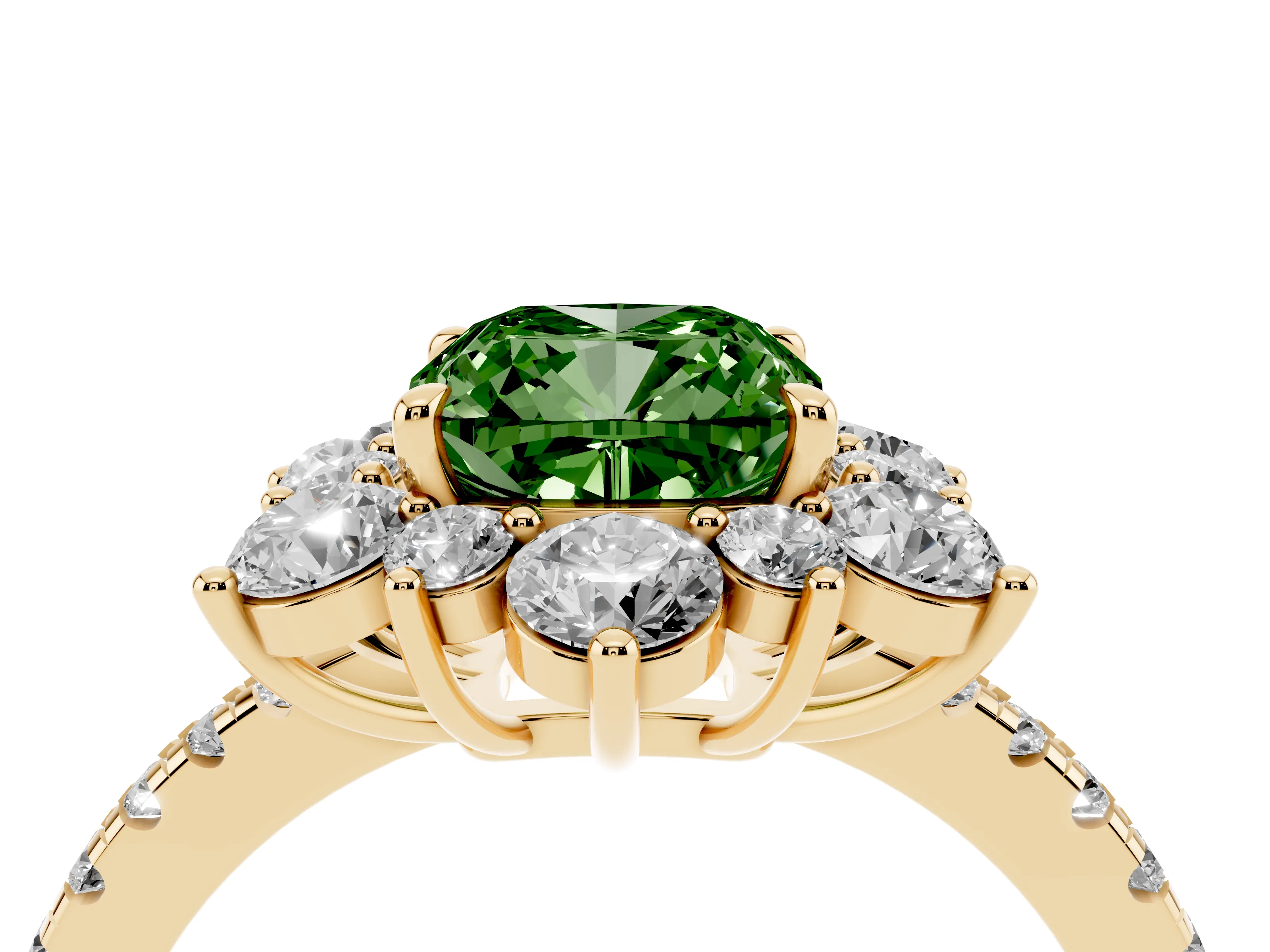 Fancy Green Cushion Cut Diamond Floral Halo Ring Set in Yellow gold with Round Pavé Band and Prong Setting