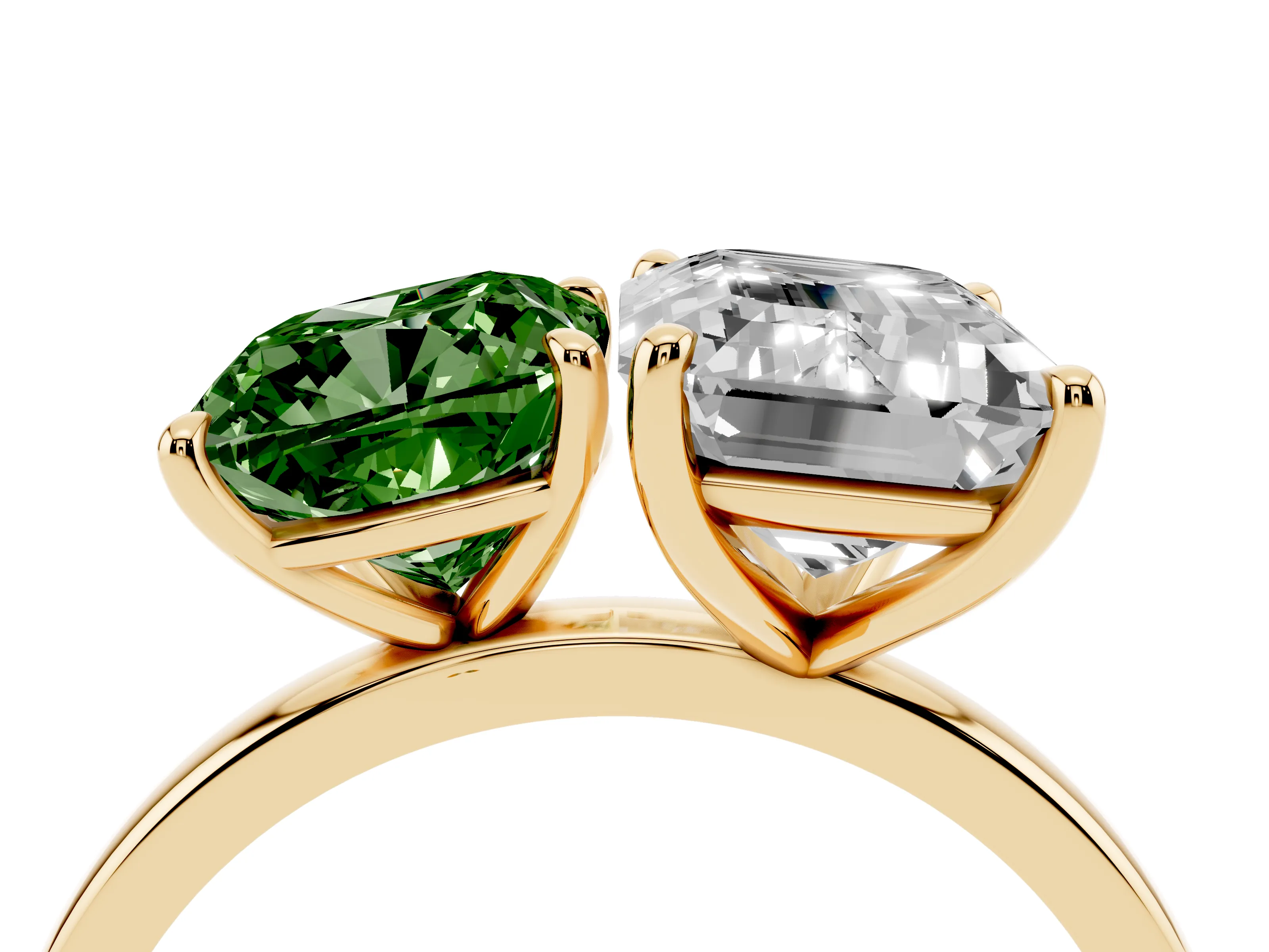 Fancy Green Cushion Cut and Emerald Cut Toi Moi Ring Set in Yellow gold with Prong Setting
