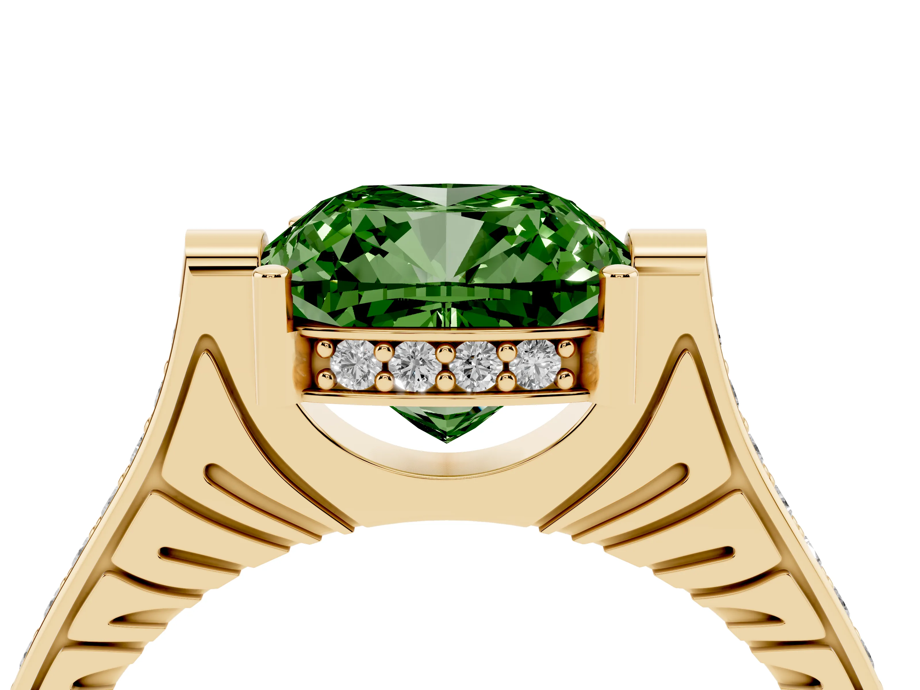 Fancy Green Cushion Cut Diamond Solitaire Ring Set in Yellow gold with Channel Set Band and Bezel Prong Setting