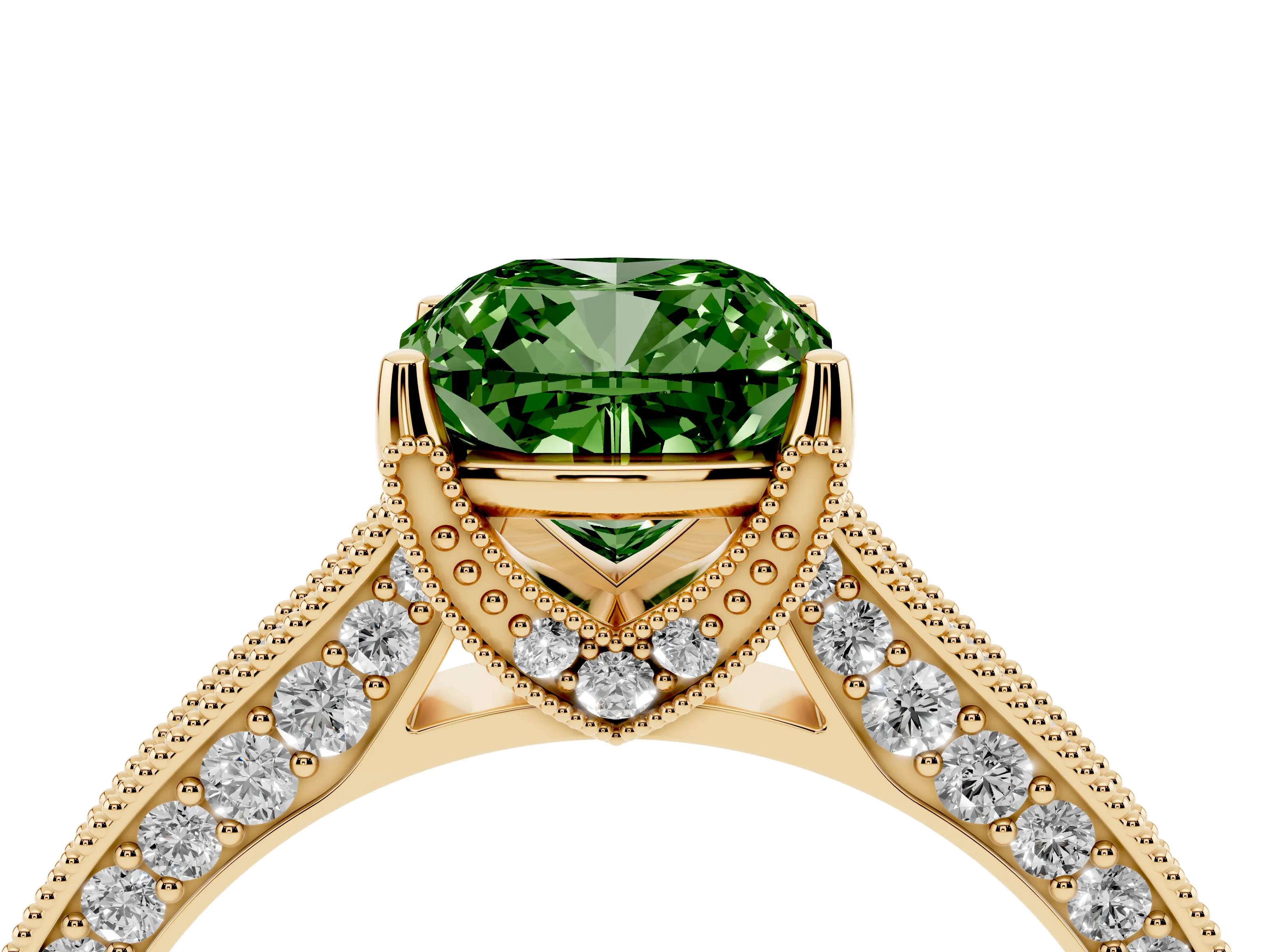Fancy Green Cushion Cut Diamond Solitaire Ring Set in Yellow gold with Milgrain-Edged Pavé Band and Prong Setting