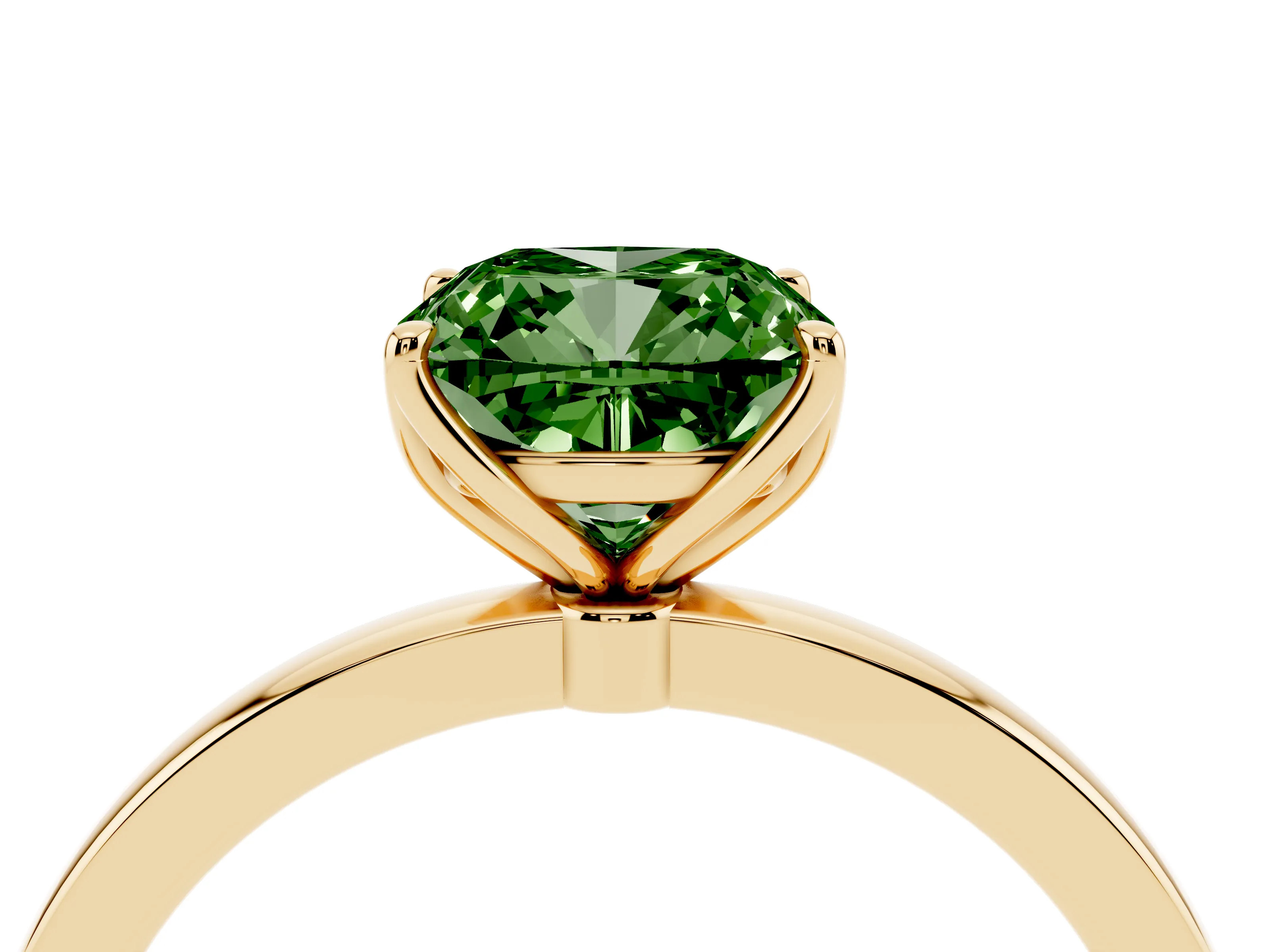 Fancy Green Cushion Cut Diamond Solitaire Ring Set in Yellow gold with Prong Setting and Thin Polished Band