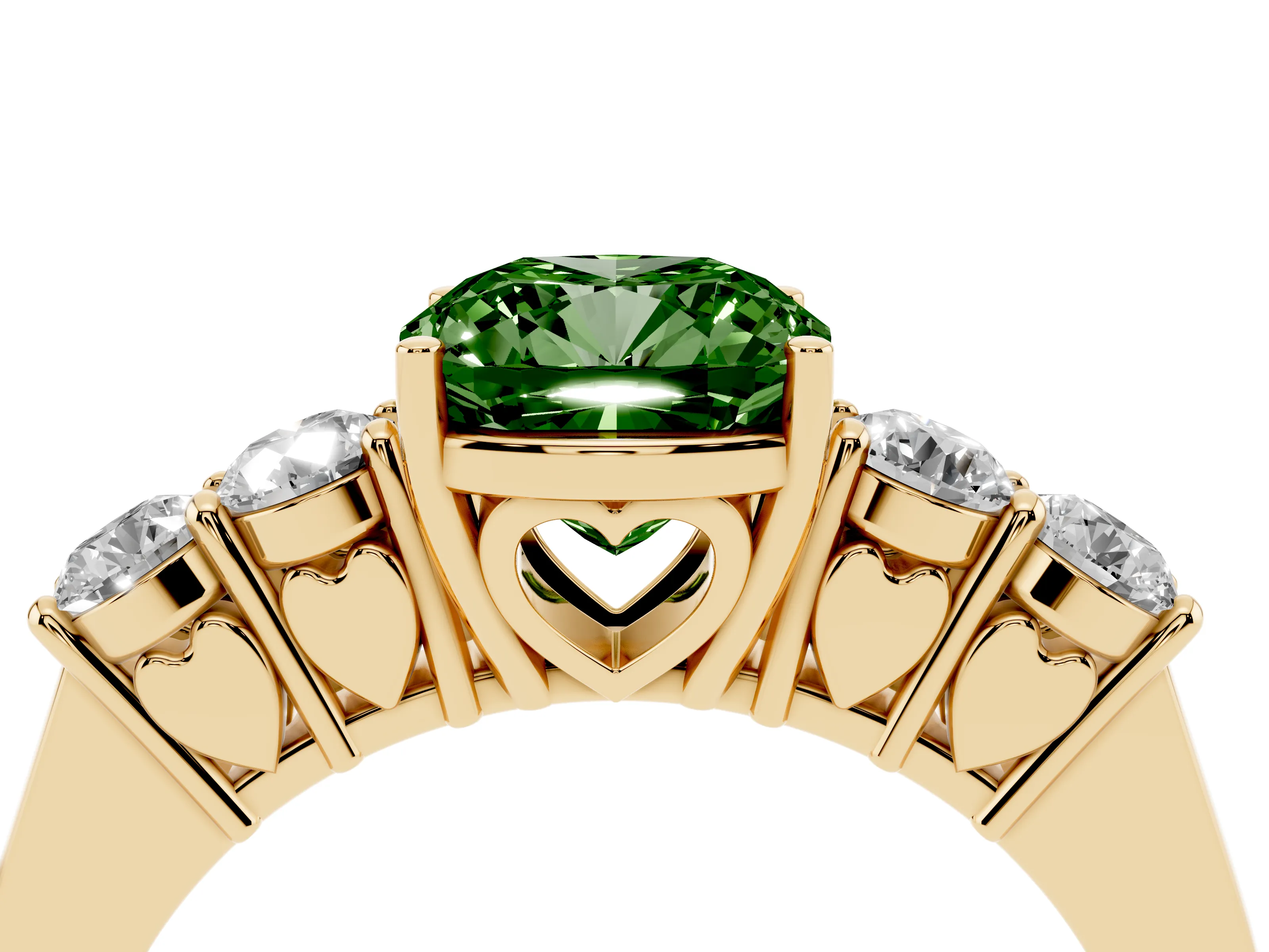 Fancy Green Cushion Cut Diamond Five-Stone Prong Set Band Ring Set in Yellow gold with Polished Band