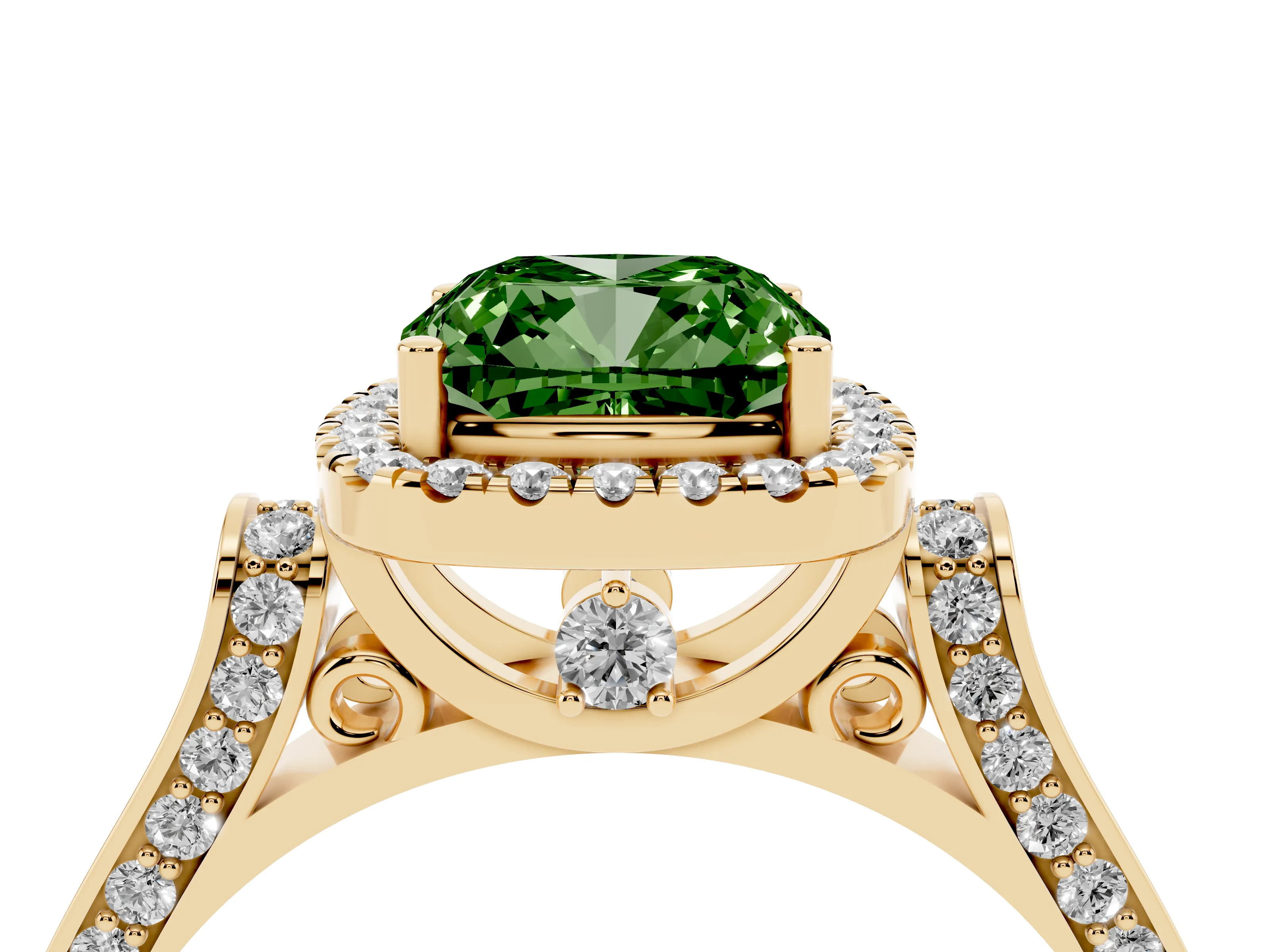 Fancy Green Cushion Cut Diamond Halo Ring Set in Yellow gold with Pavé-Lined Split Shank Band