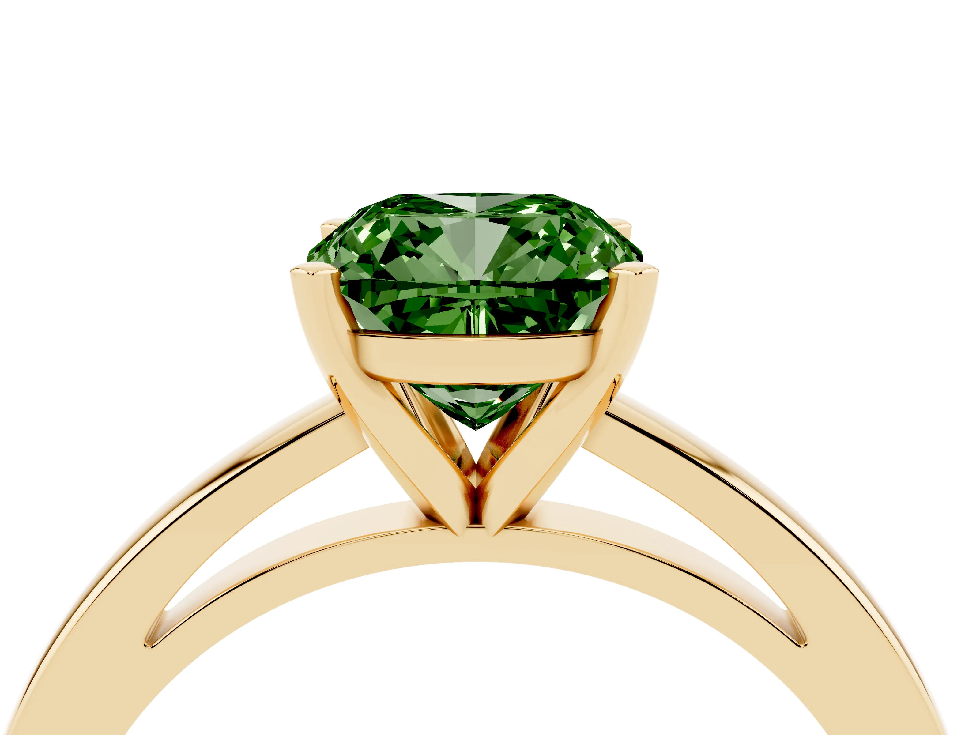Fancy Green Cushion Cut Diamond Solitaire Engagement Ring Set in Yellow gold with Prong Setting on a Classic Band