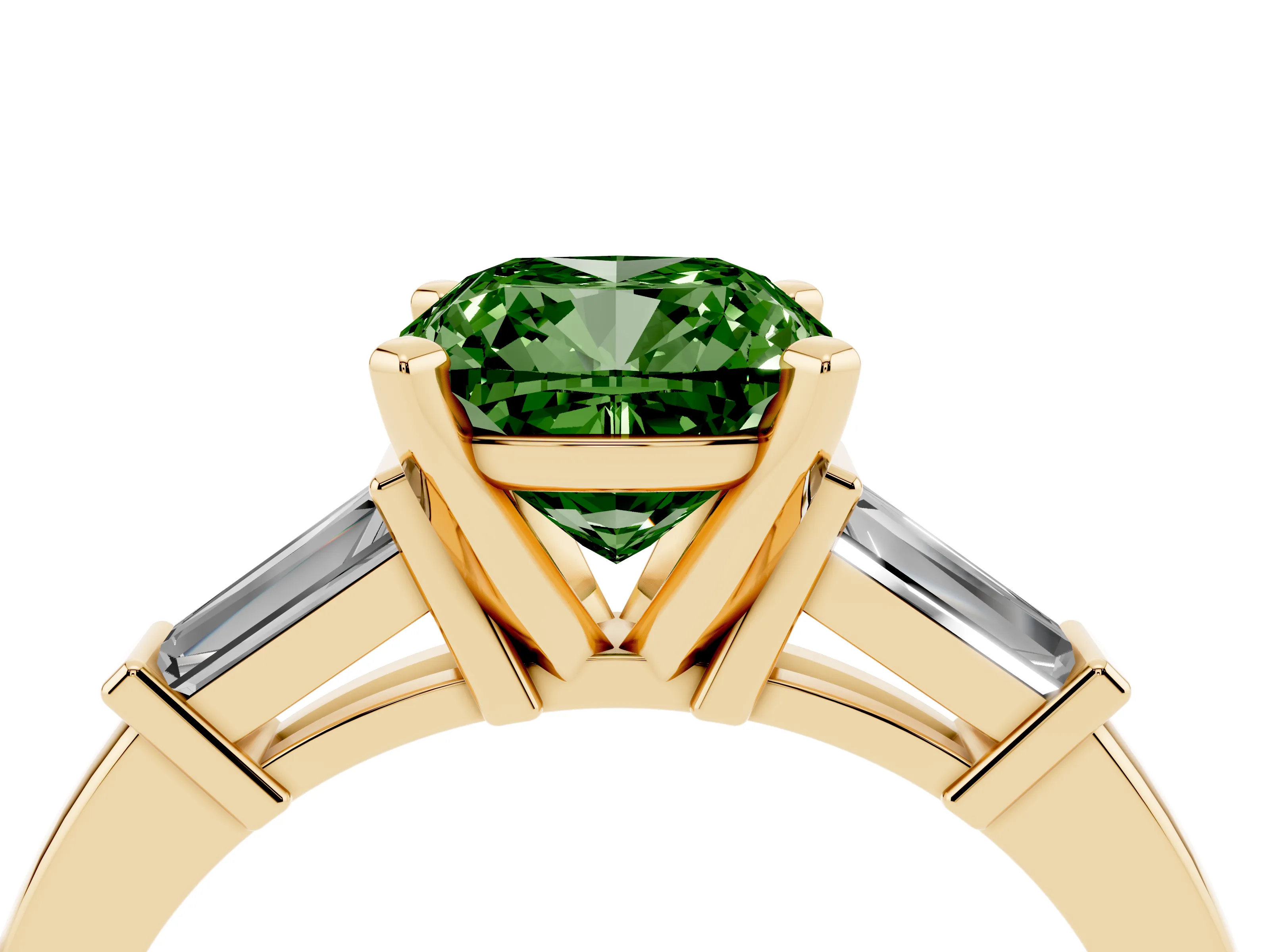 Fancy Green Cushion Cut Diamond Solitaire Ring Set in Yellow gold with Tapered Baguette Accents and Prong Setting