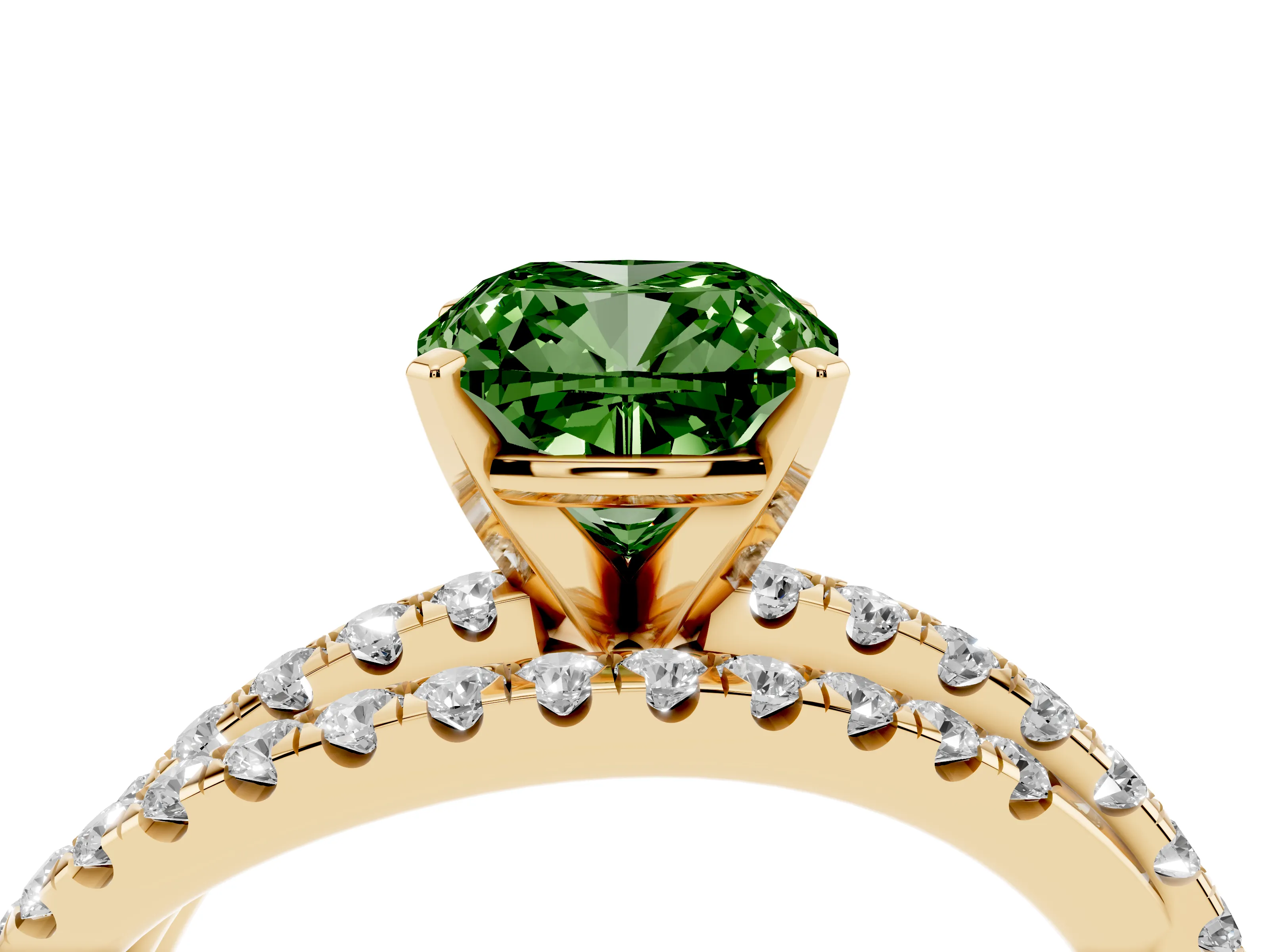 Fancy Green Cushion Cut Diamond Solitaire Twist Band Ring Set in Yellow gold with Pavé Setting and Prong Head