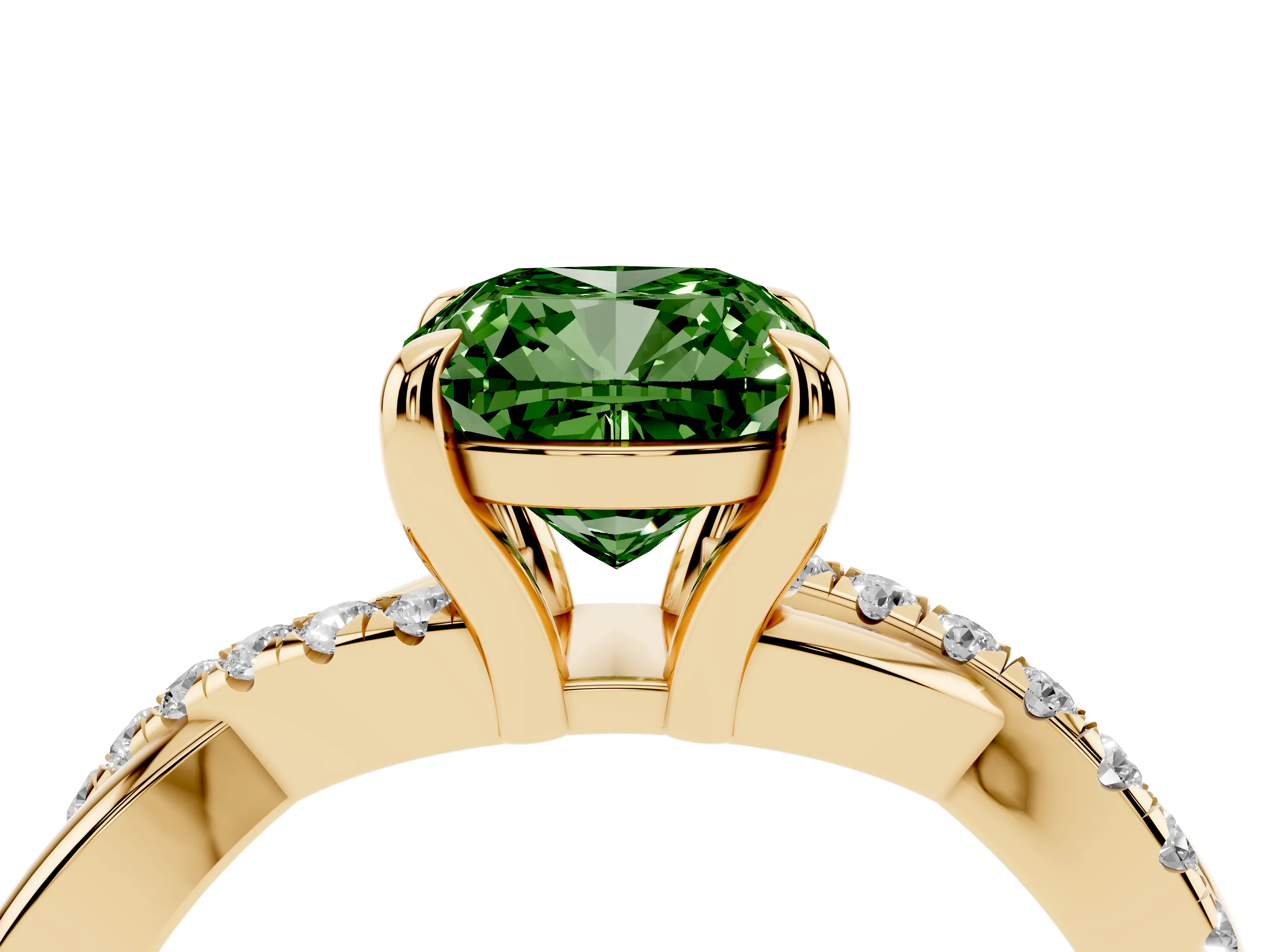 Fancy Green Cushion Cut Diamond Twist Band Pavé Solitaire Ring Set in Yellow gold with Prong Setting