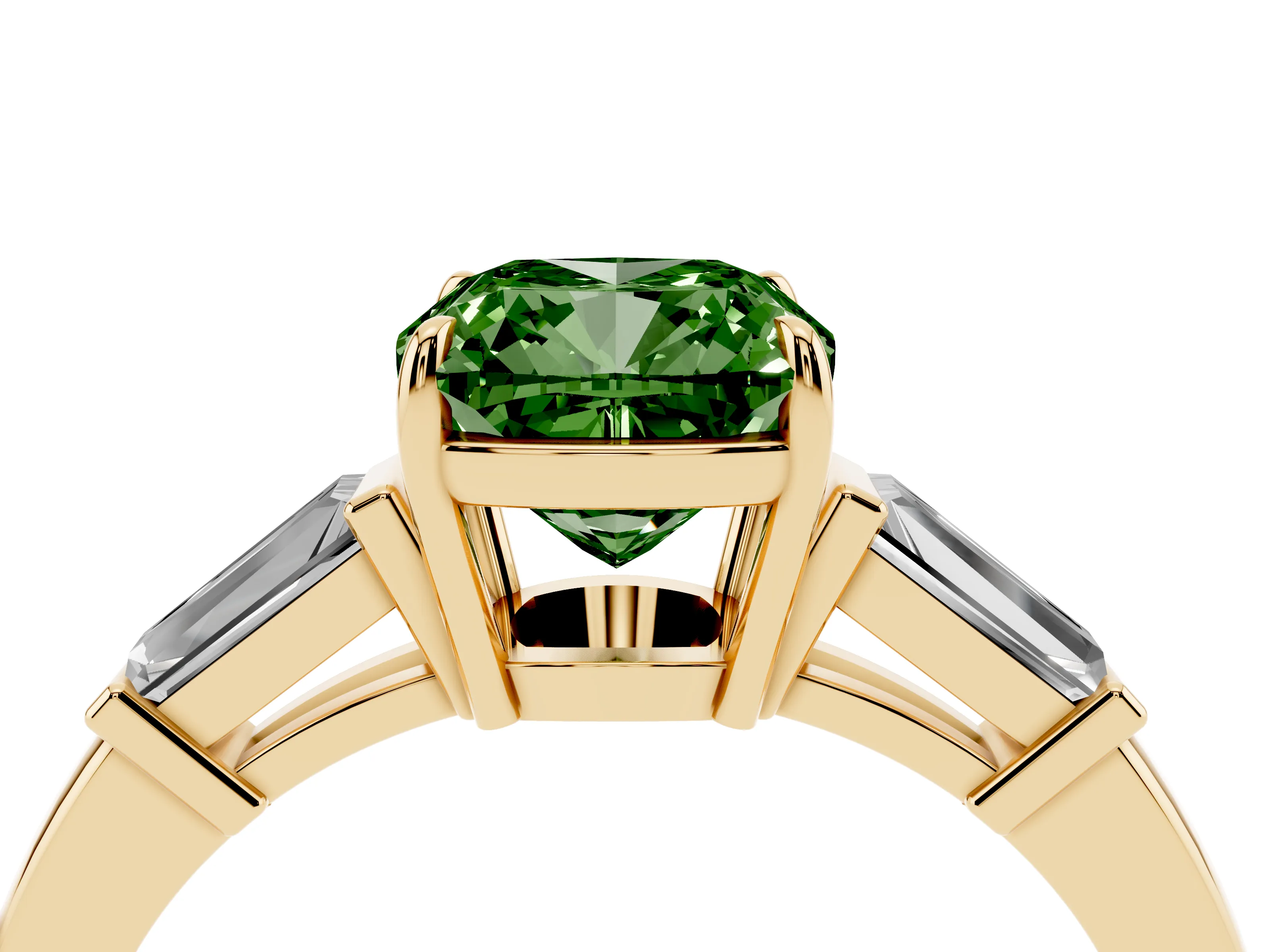 Fancy Green Cushion Cut Diamond Three-Stone Ring Set in Yellow gold with Tapered Baguette Side Stones and Prong Setting