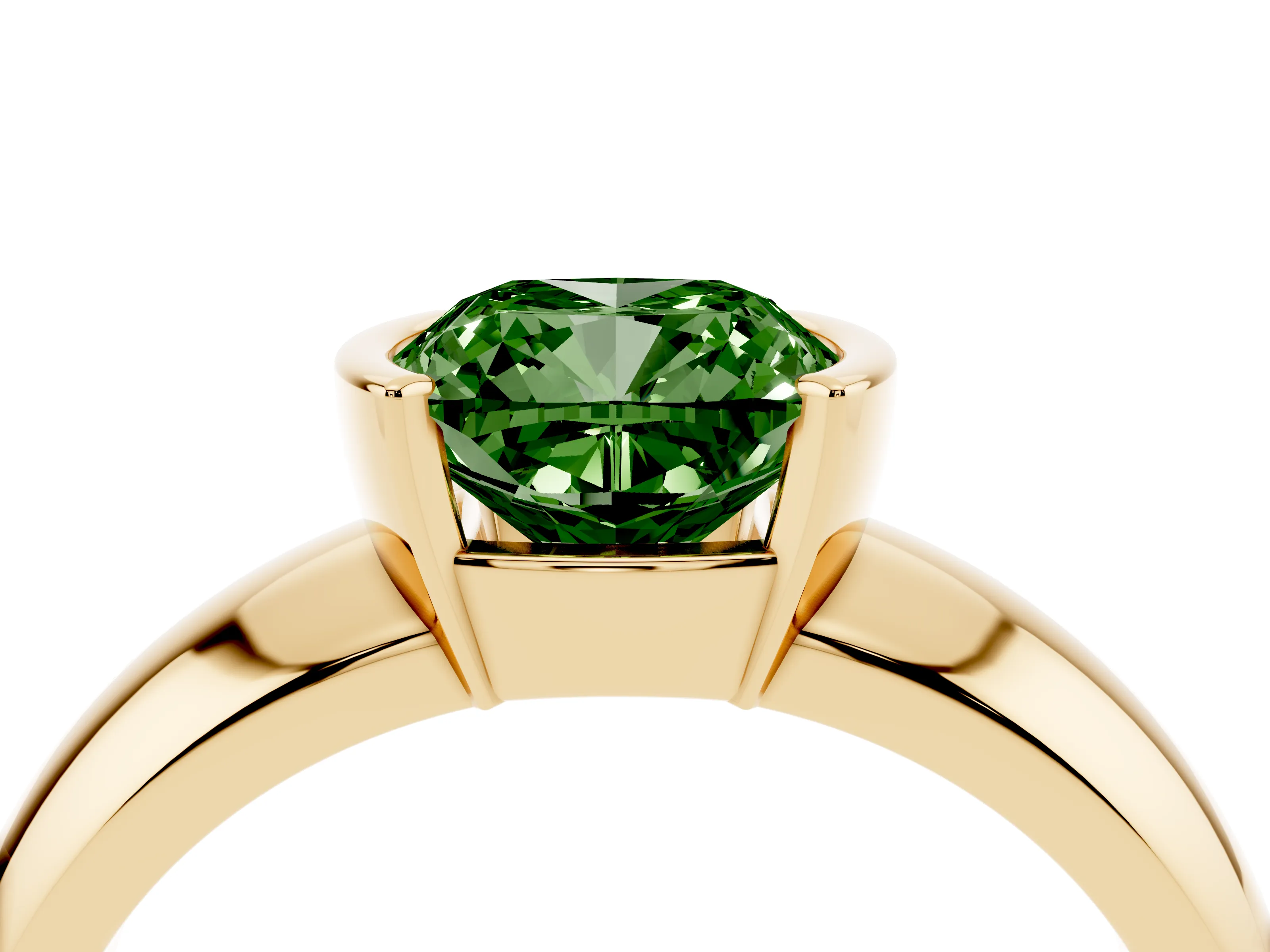 Fancy Green Cushion Cut Diamond Solitaire Tension Set Ring Set in Yellow gold with Wide Band