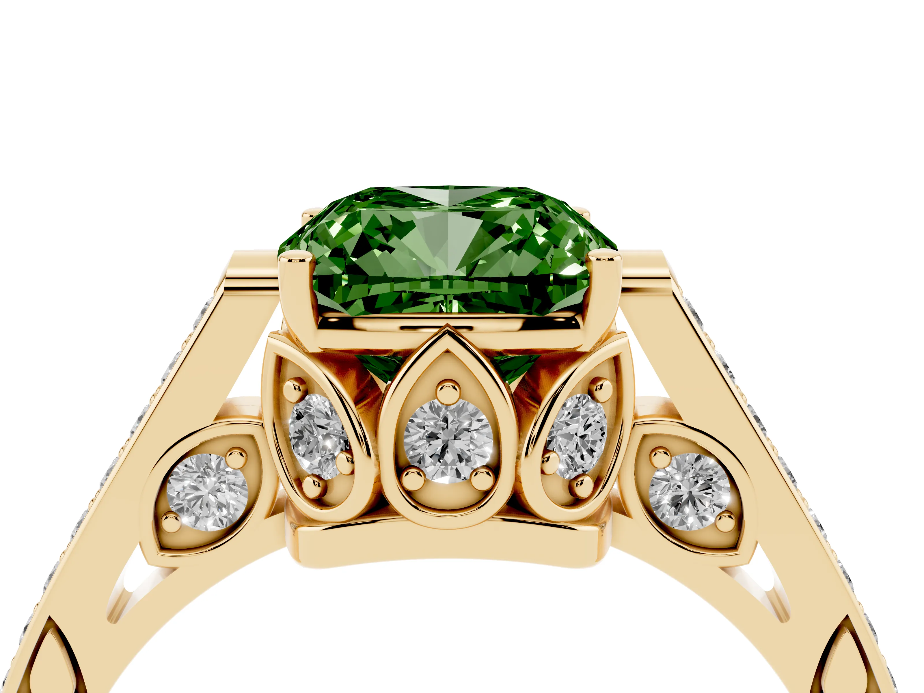 Fancy Green Cushion Cut Diamond Cathedral Pavé Engagement Ring Set in Yellow gold with Prong Setting