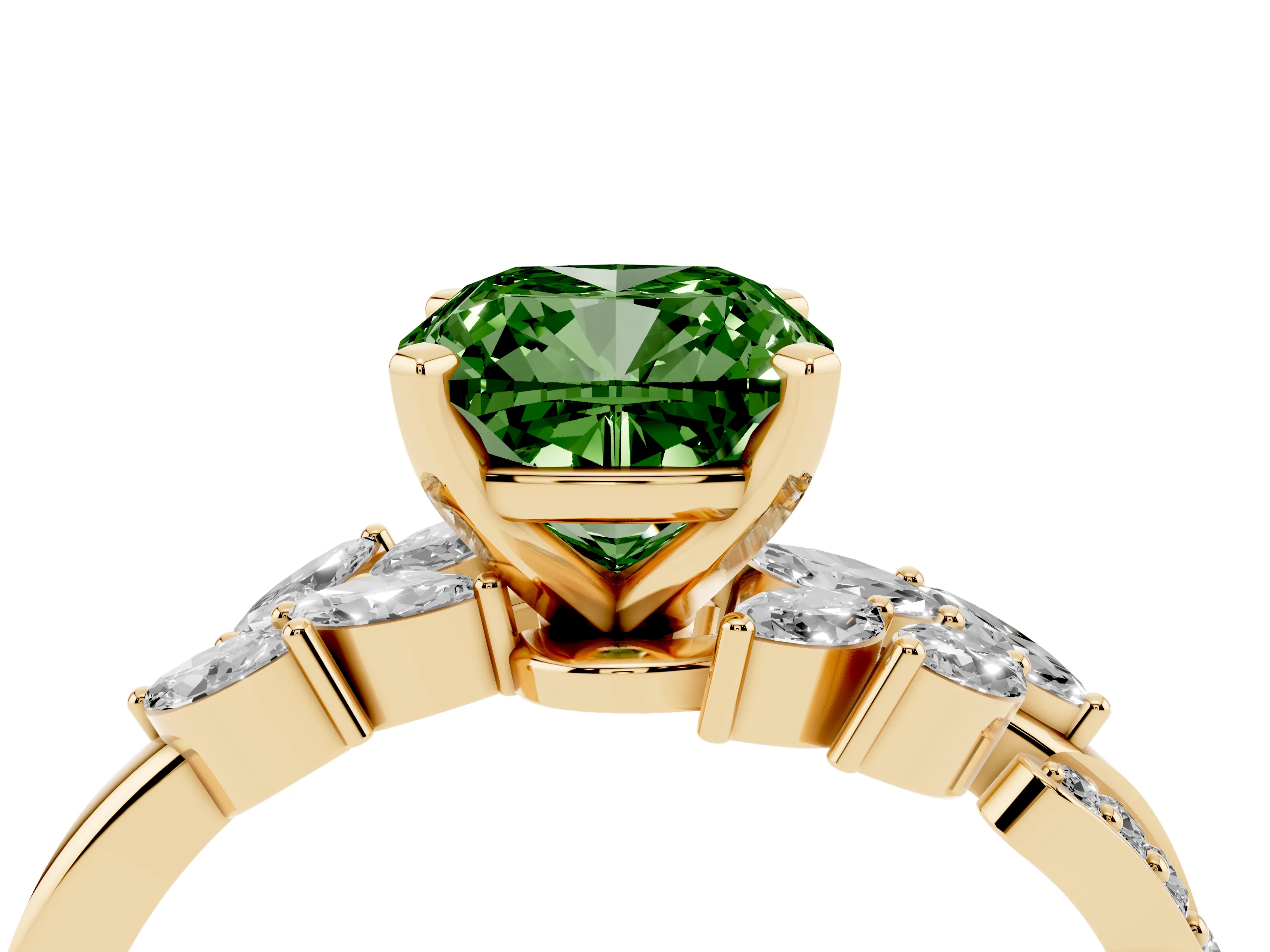 Fancy Green Cushion Cut Diamond Solitaire Ring Set in Yellow gold with Marquise Twist Band and Prong Setting
