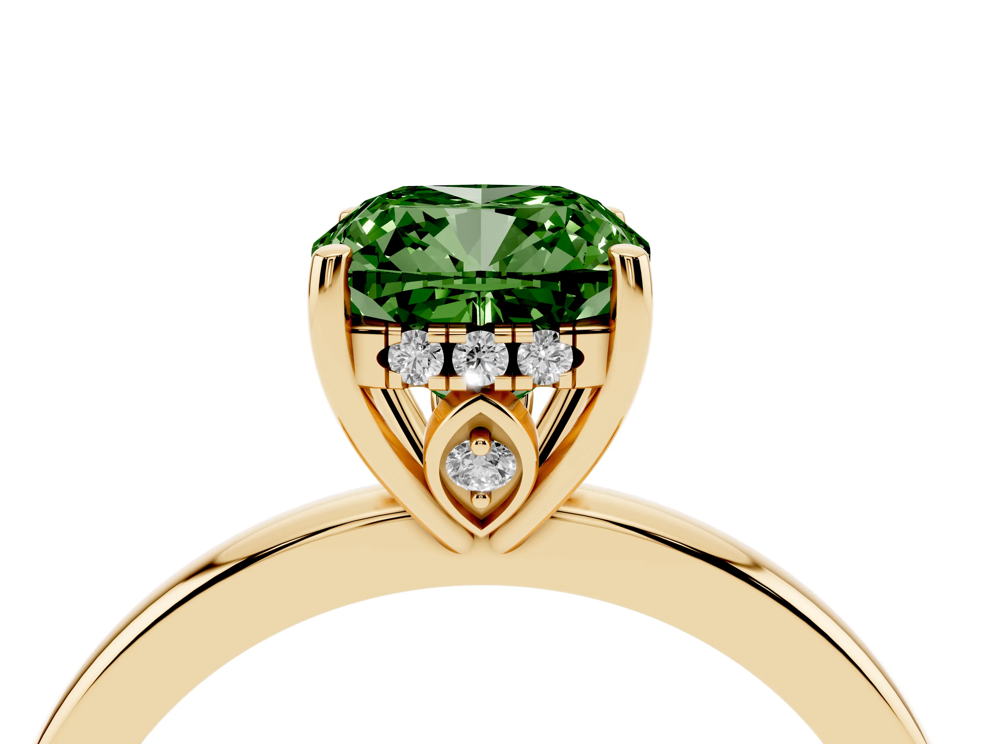 Fancy Green Cushion Cut Diamond Solitaire Ring Set in Yellow gold with Plain Band and Prong Setting