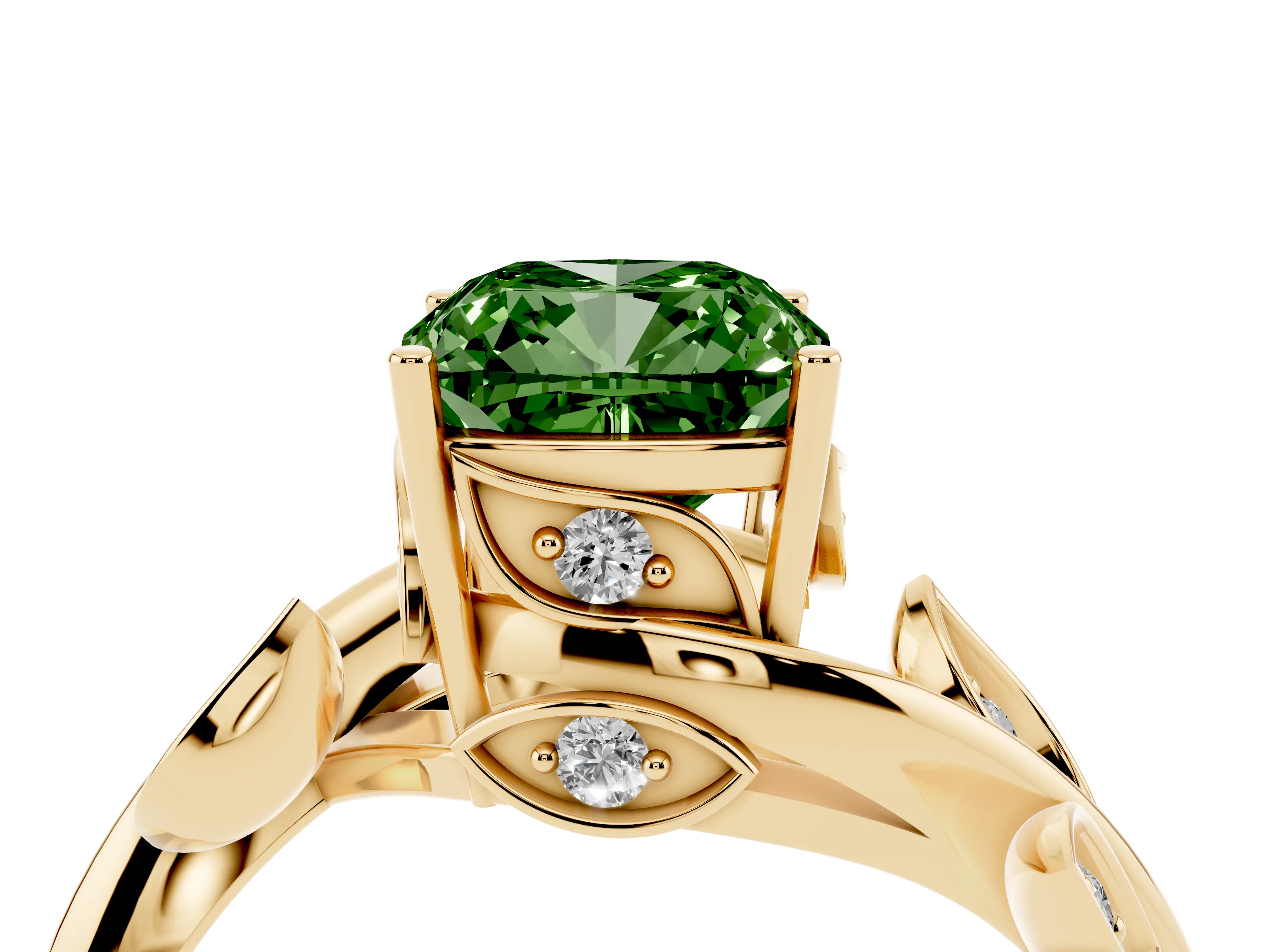 Fancy Green Cushion Cut Diamond Solitaire Twist Engagement Ring Set in Yellow gold with Pavé Leaf Accents