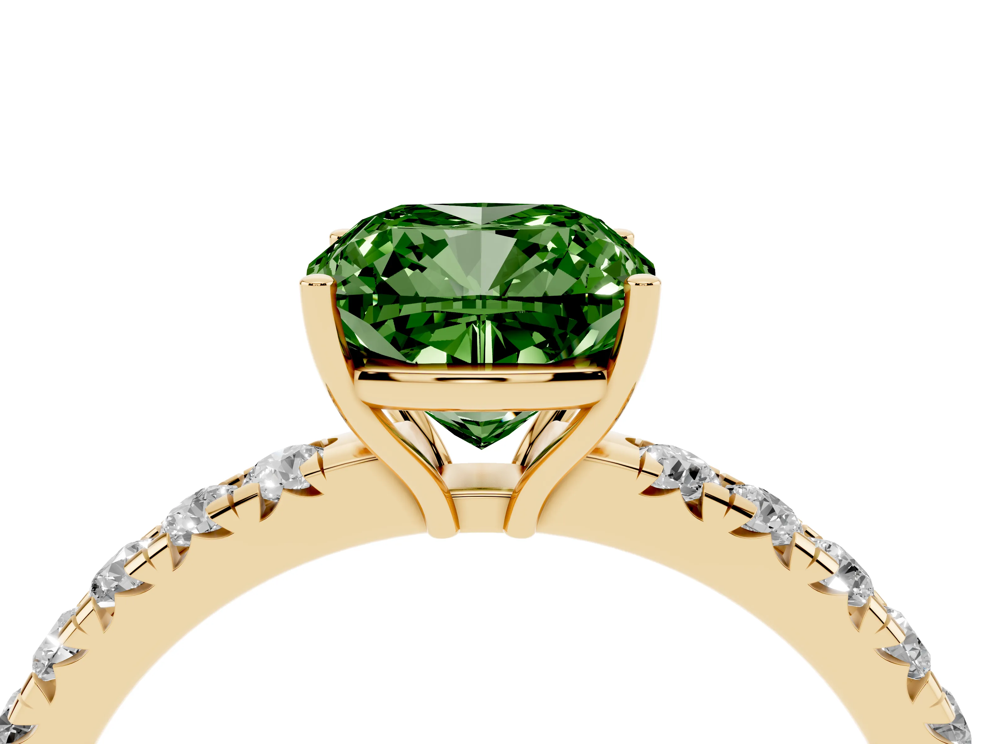 Fancy Green Cushion Cut Diamond Pavé Solitaire Engagement Ring Set in Yellow gold with Prong Setting