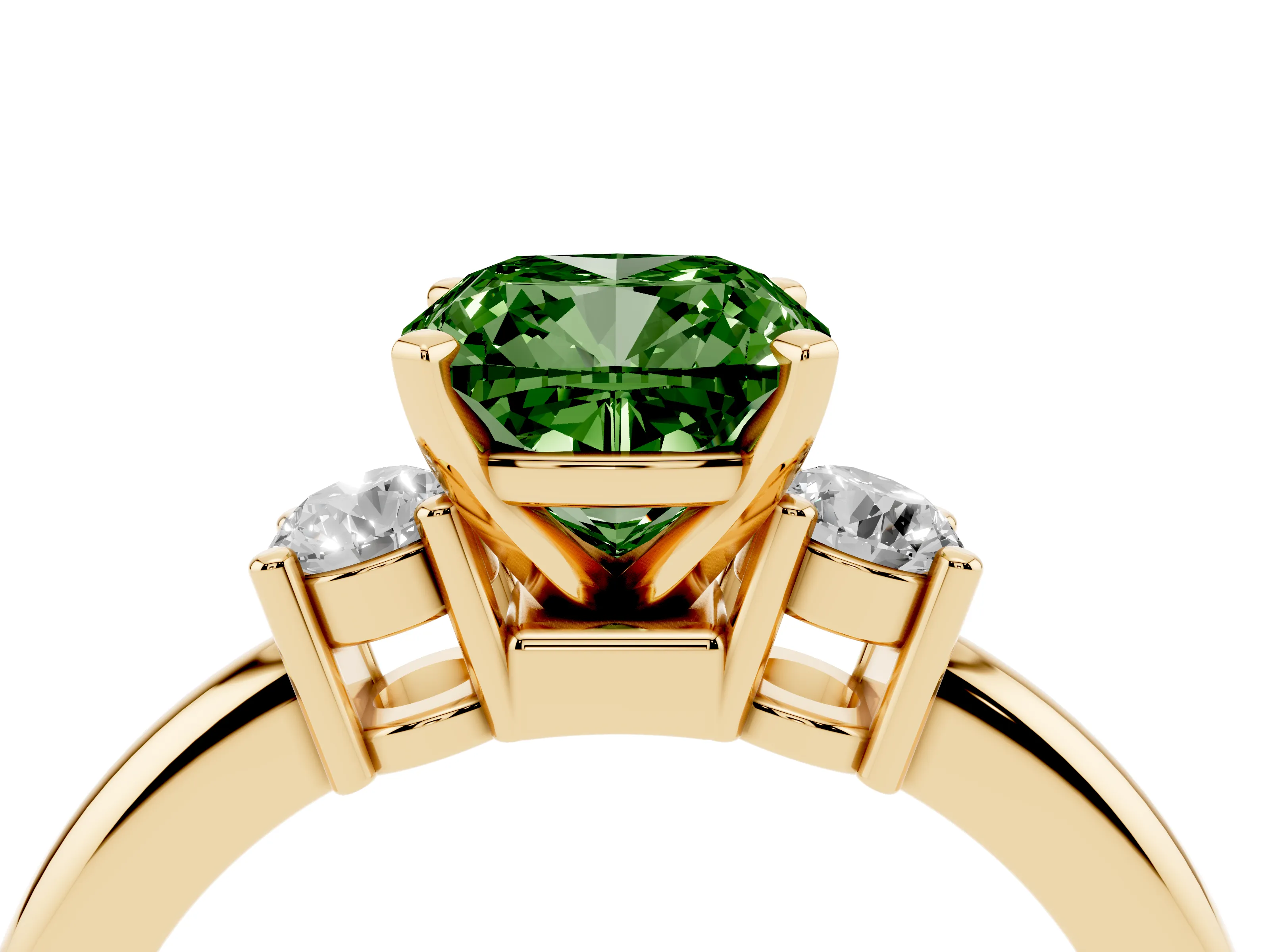 Fancy Green Three-Stone Cushion Cut Diamond Ring Set in Yellow gold with Prong Setting and Plain Band