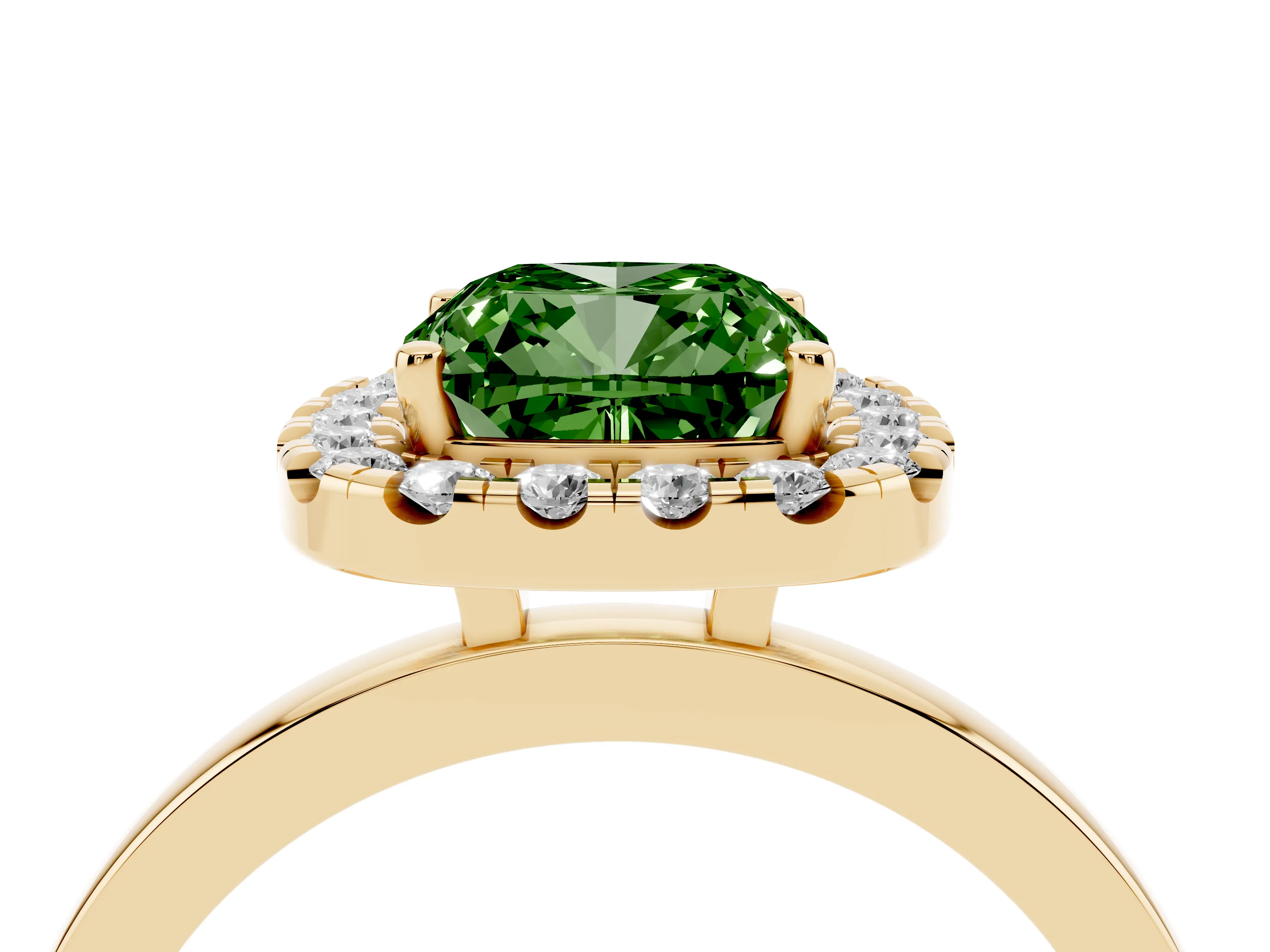 Fancy Green Cushion Cut Diamond Halo Solitaire Ring Set in Yellow gold with Pavé Band and Prong Setting