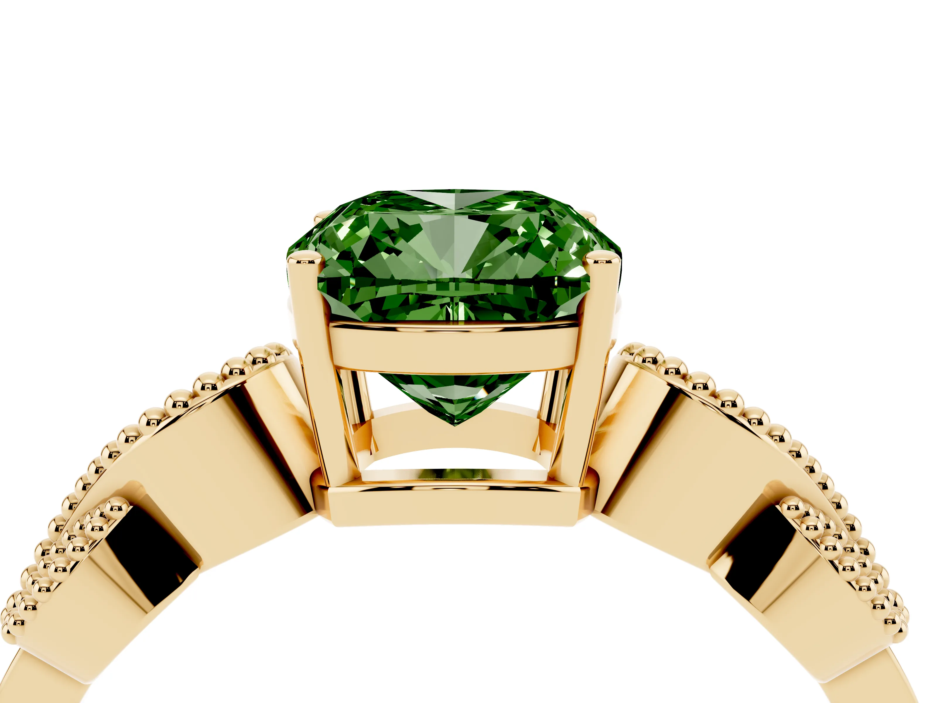 Fancy Green Cushion Cut Diamond Milgrain Leaf Band Solitaire Ring Set in Yellow gold with Accent Stones and Prong Setting