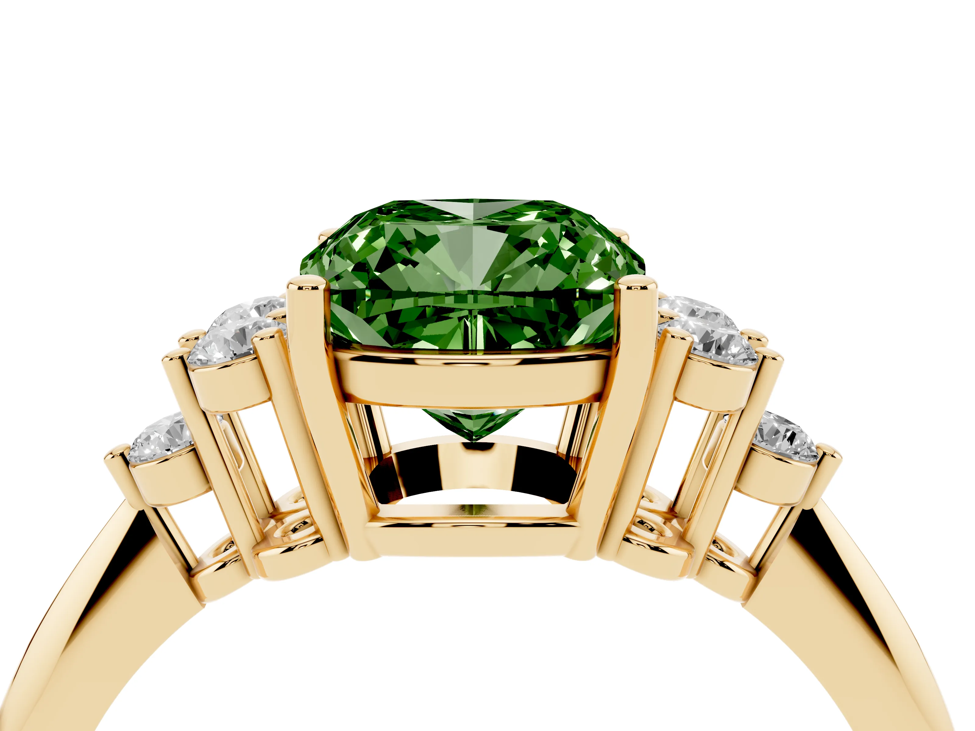 Fancy Green Cushion Cut Diamond Cluster Ring Set in Yellow gold with Plain Band and Prong Setting