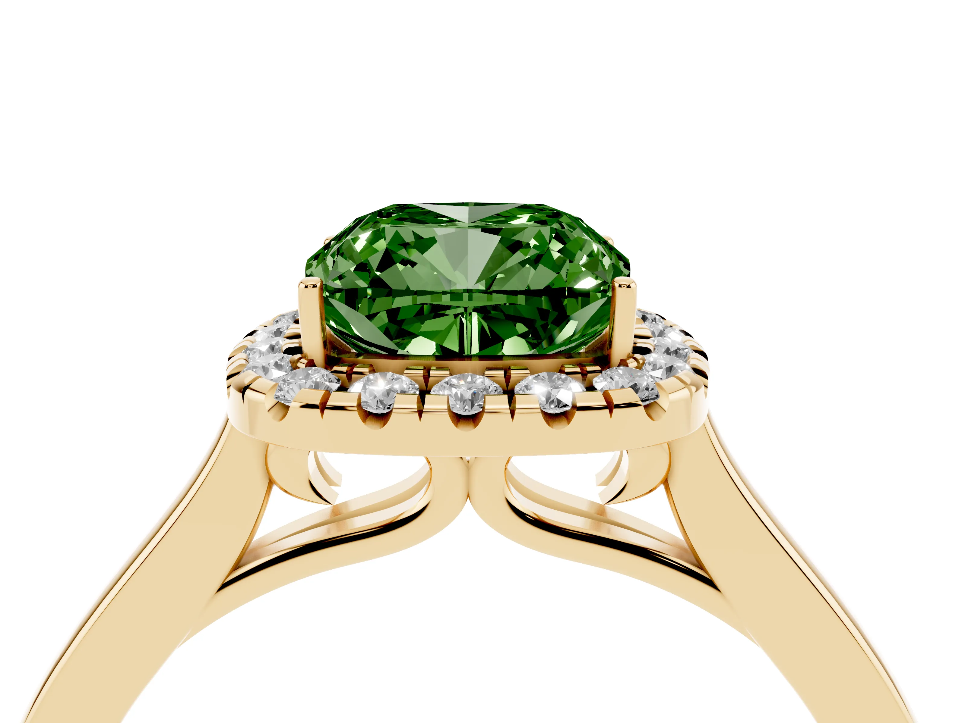 Fancy Green Cushion Cut Halo Round Diamond Solitaire Ring Set in Yellow gold with Pavé Band and Prong Setting