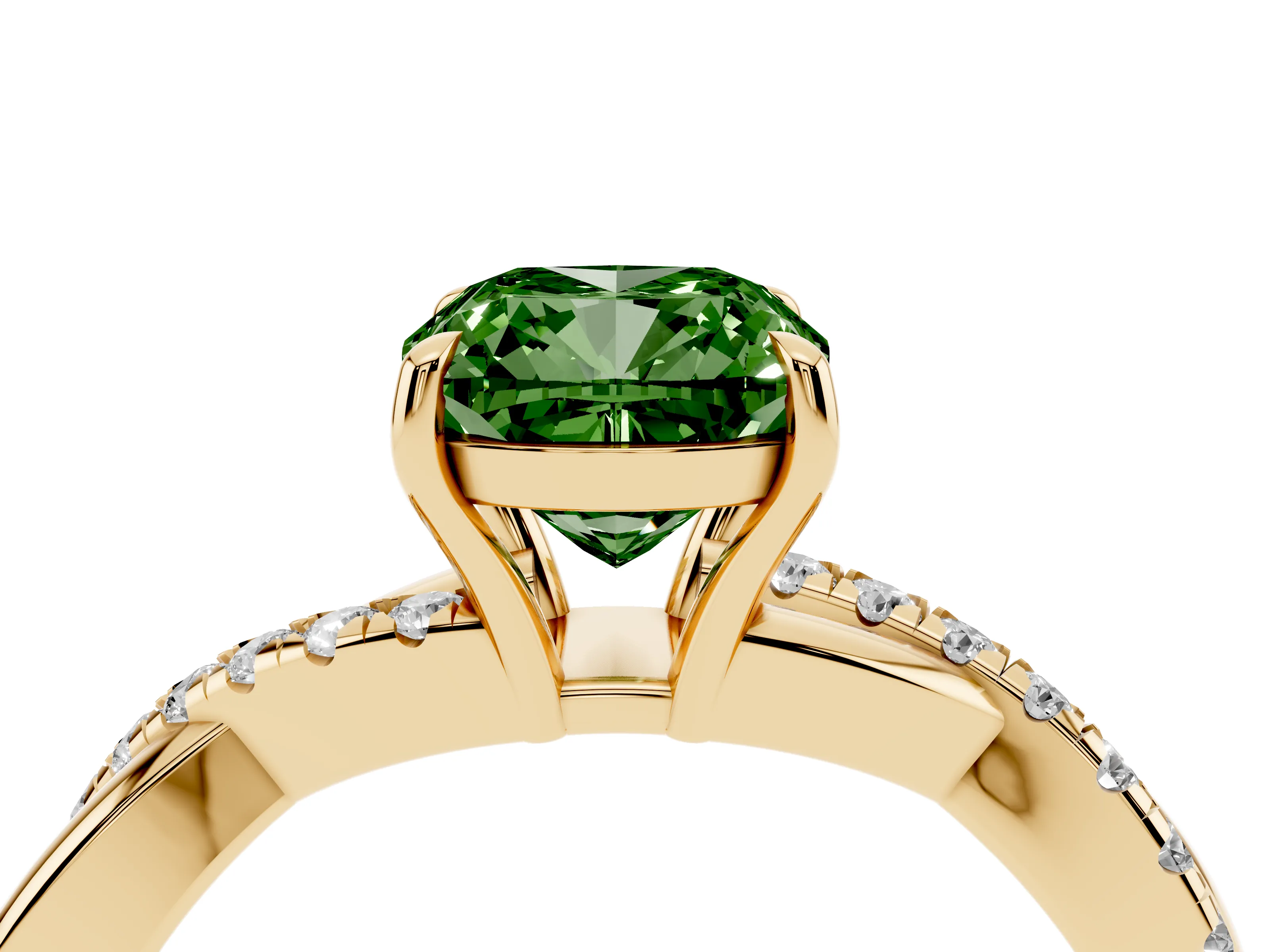 Fancy Green Cushion Cut Diamond Twisted Pavé Band Ring Set in Yellow gold with Prong Setting