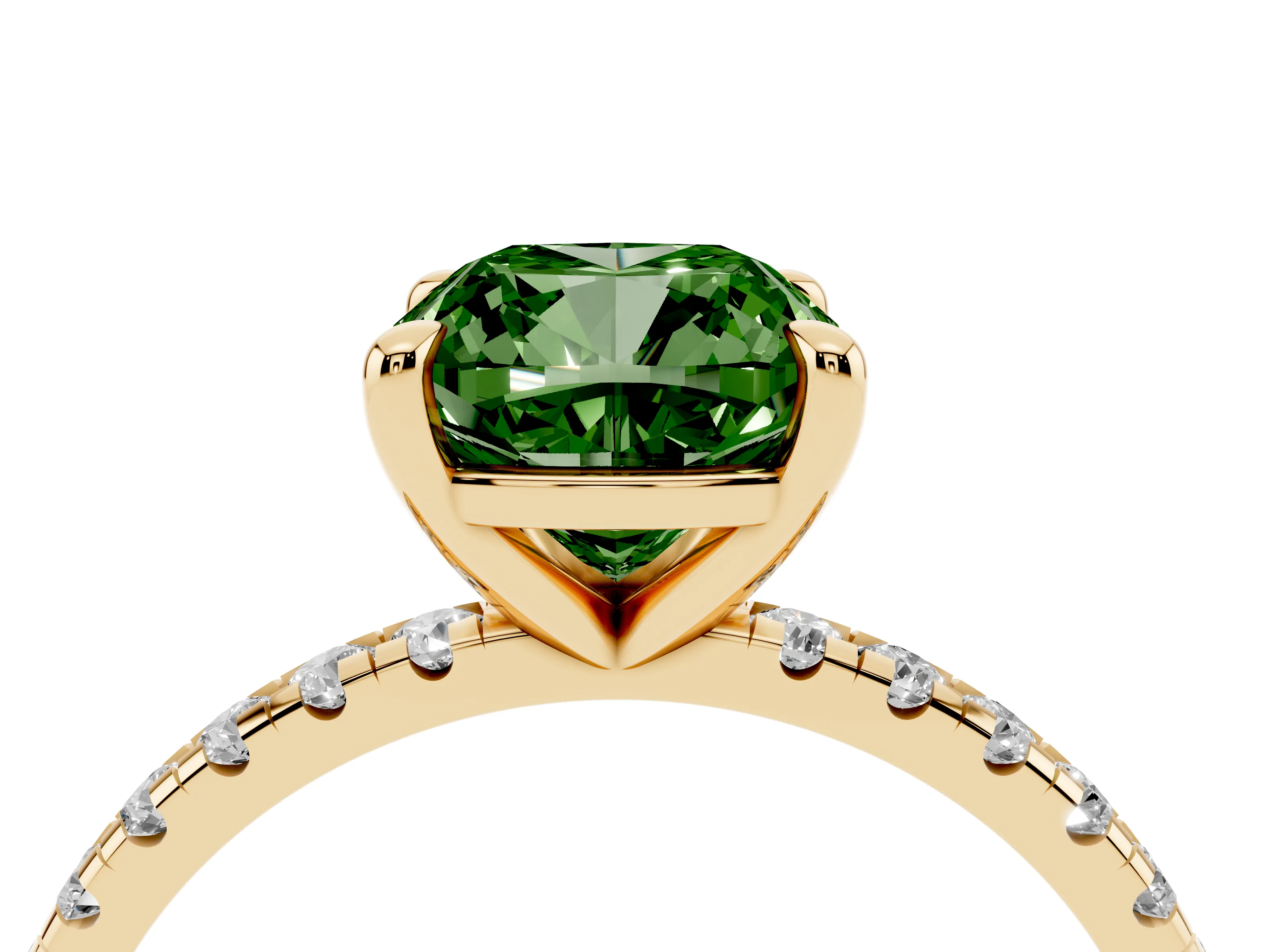 Fancy Green Cushion Cut Diamond Brilliant Solitaire Ring Set in Yellow gold with Pavé Band and Prong Setting
