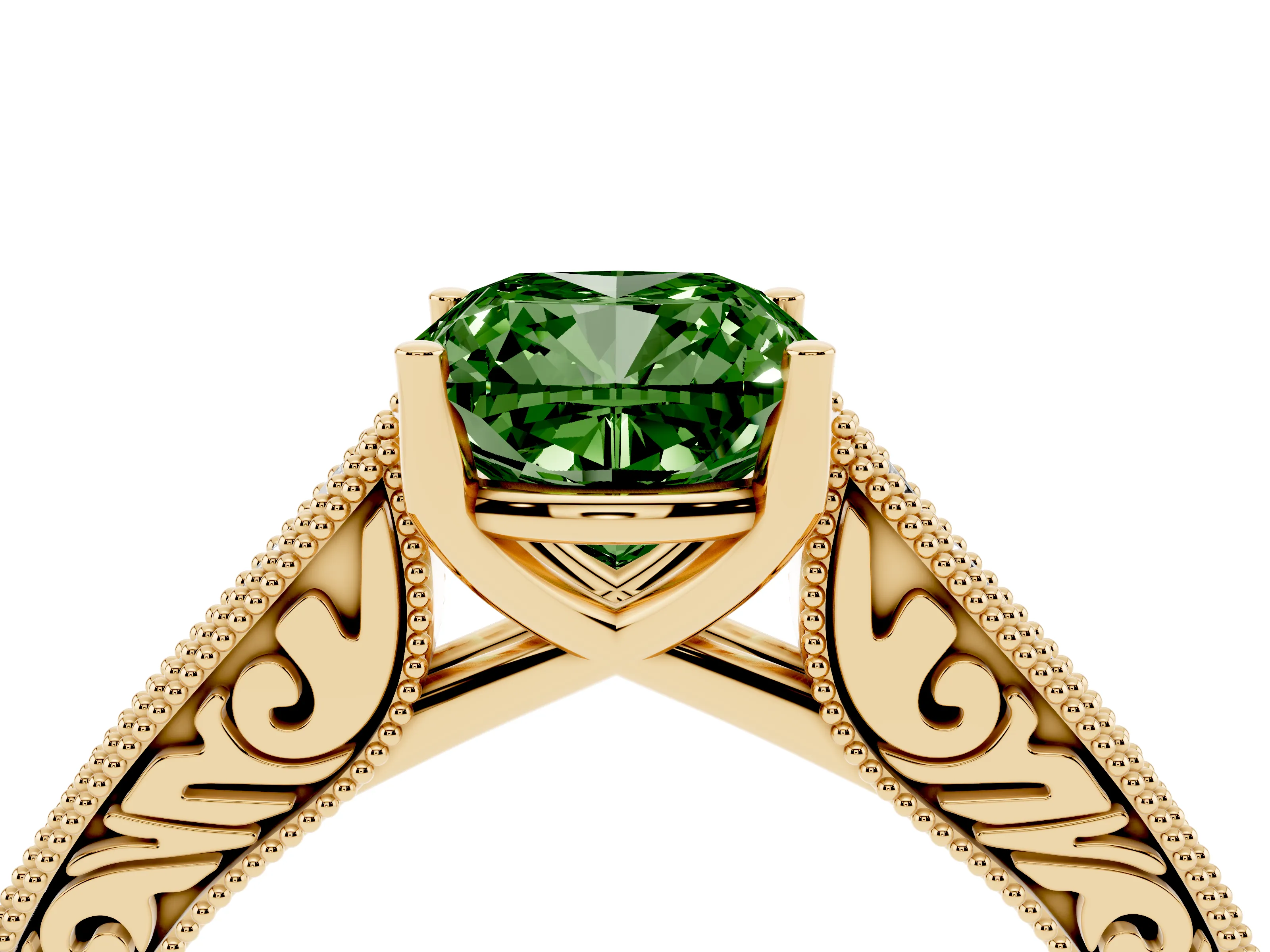 Fancy Green Cushion Cut Diamond Milgrain Pavé Band Solitaire Ring Set in Yellow gold with Prong Setting