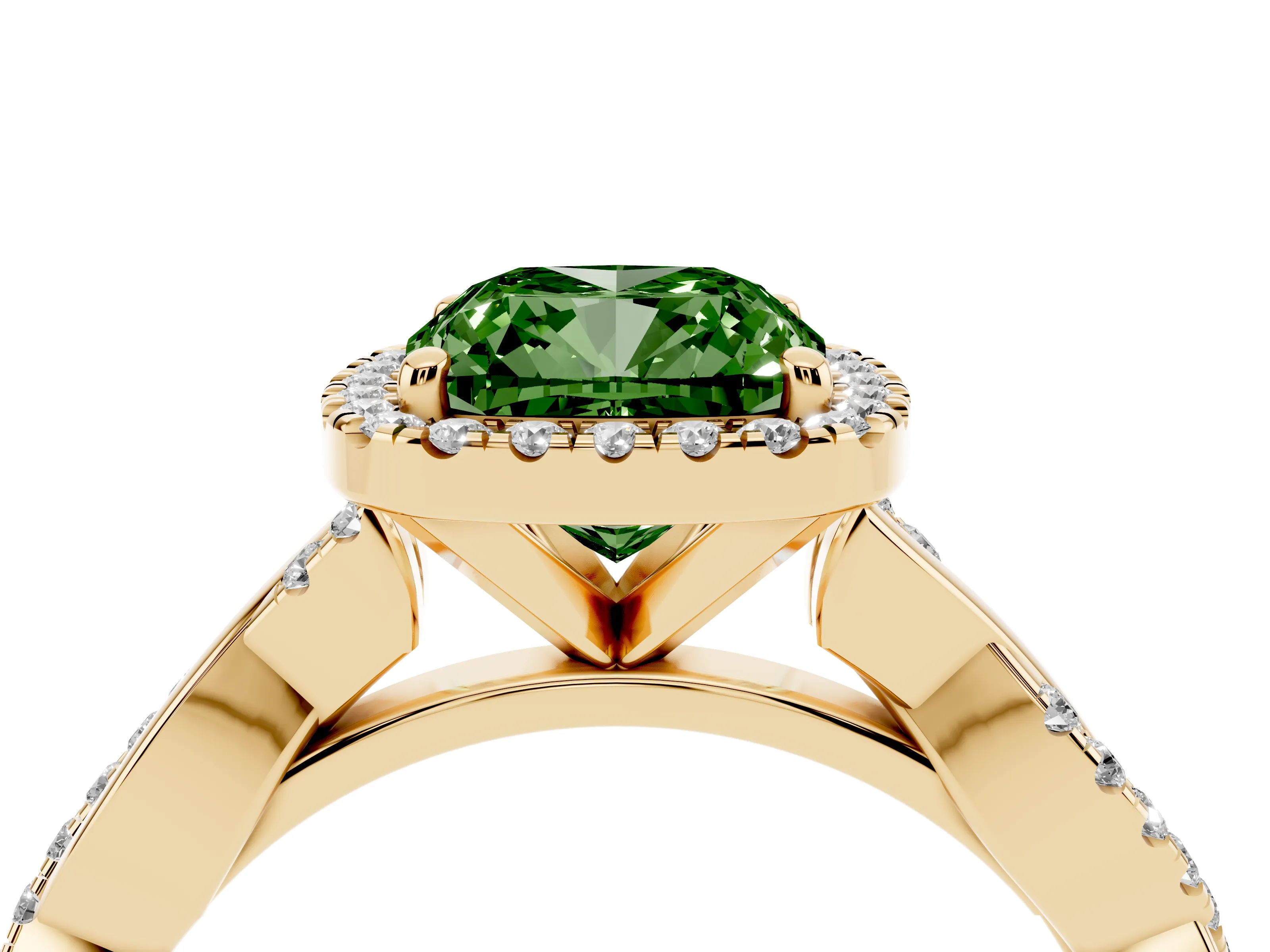 Fancy Green Cushion Cut Diamond Halo Twisted Band Ring Set in Yellow gold with Prong Setting