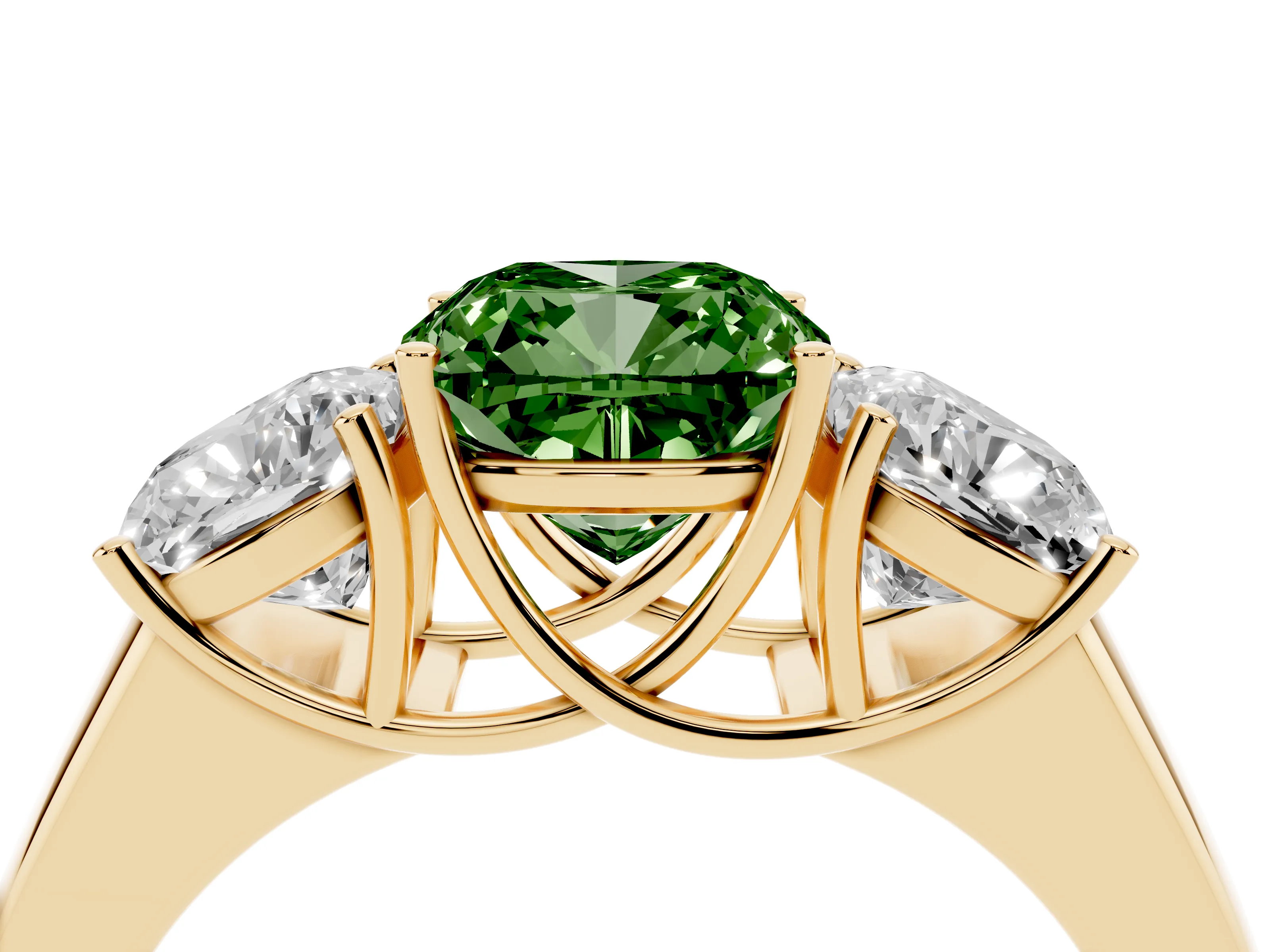 Fancy Green Three-Stone Cushion Cut Diamond Ring Set in Yellow gold with Matching Prong Settings and Plain Band