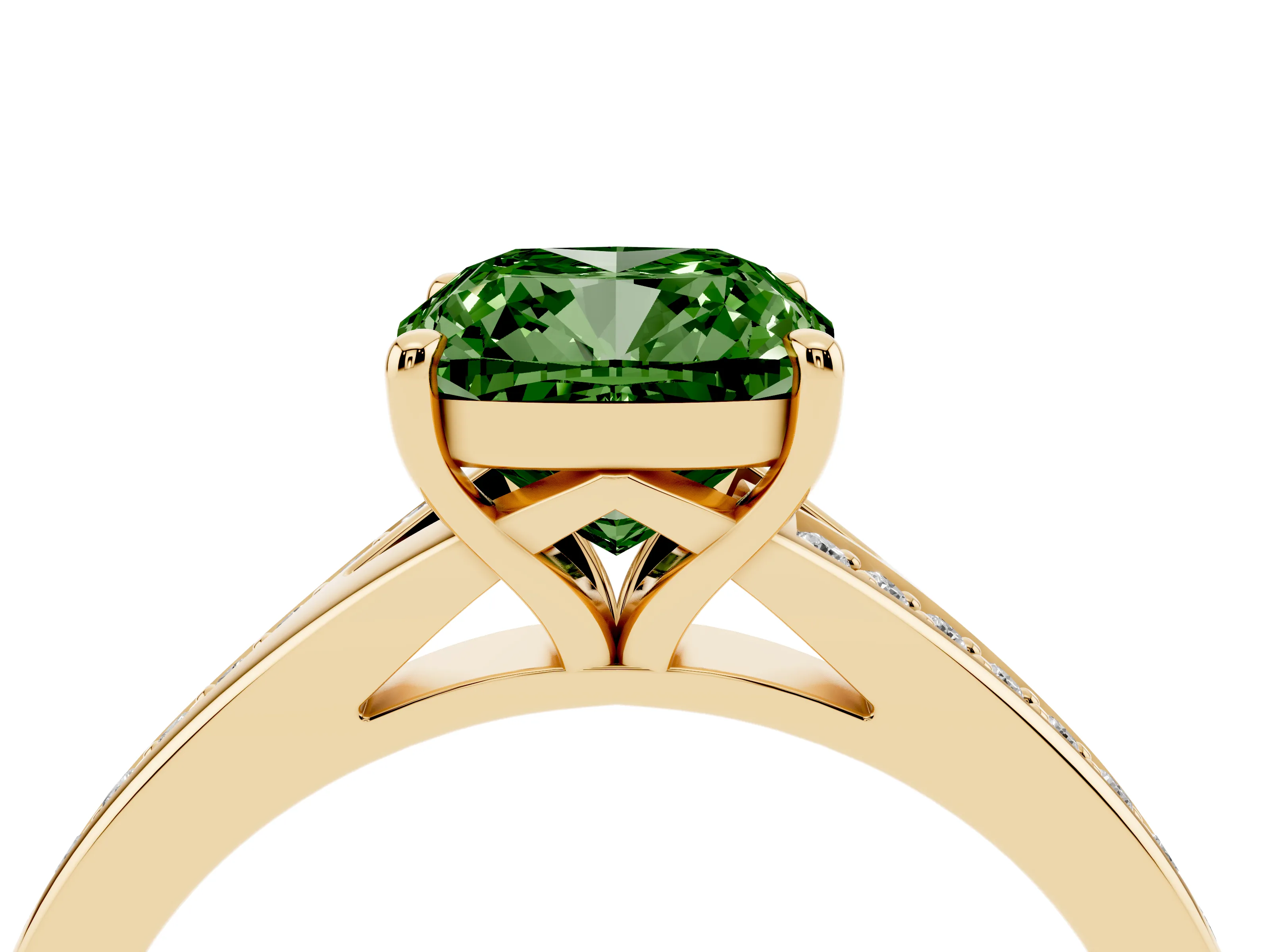 Fancy Green Cushion Cut Diamond Solitaire Ring Set in Yellow gold with Pavé Accent Band and Classic Prong Setting