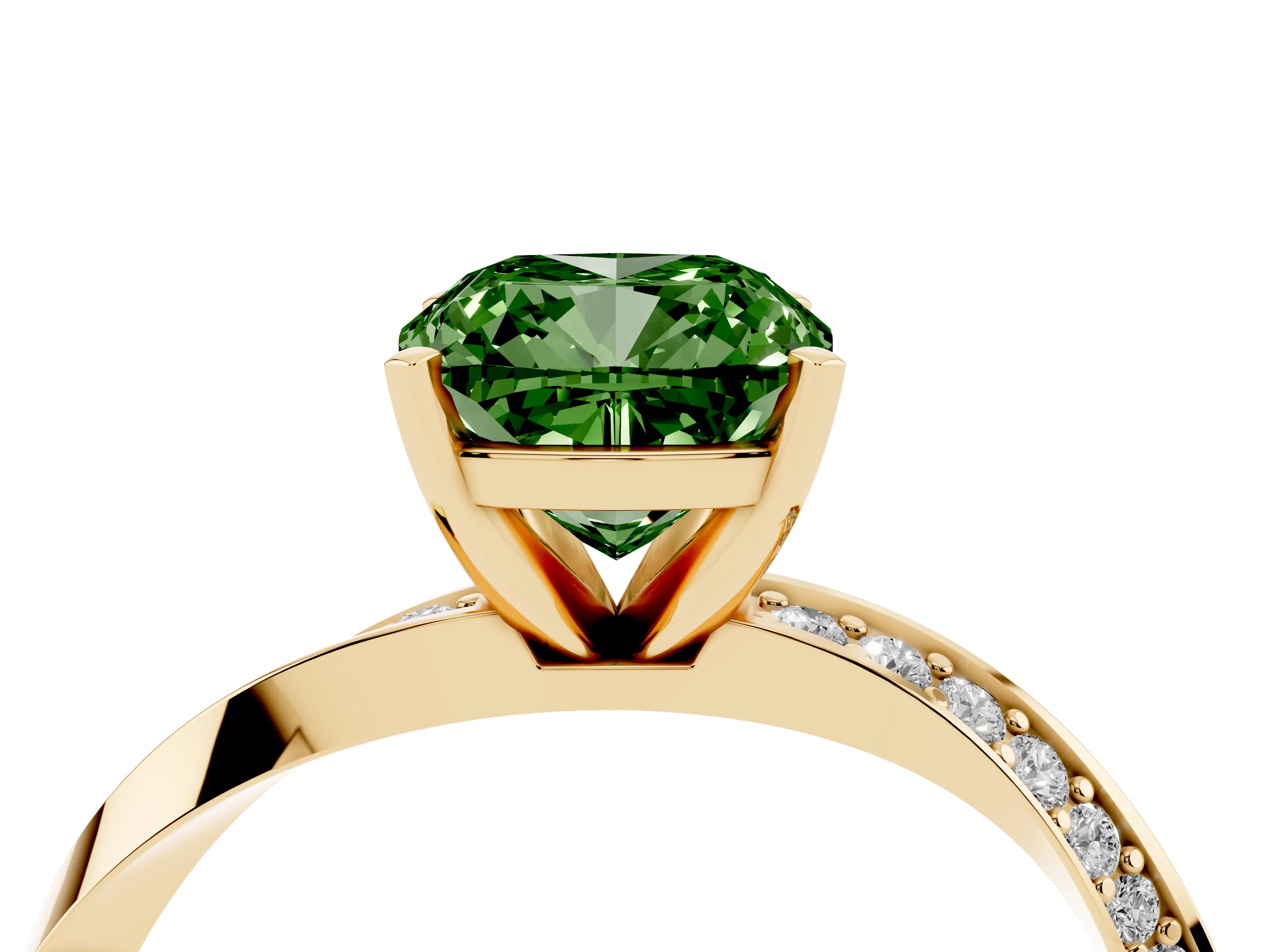 Fancy Green Cushion Cut Diamond Engagement Ring Set in Yellow gold with Side Stone Accents and Prong Setting
