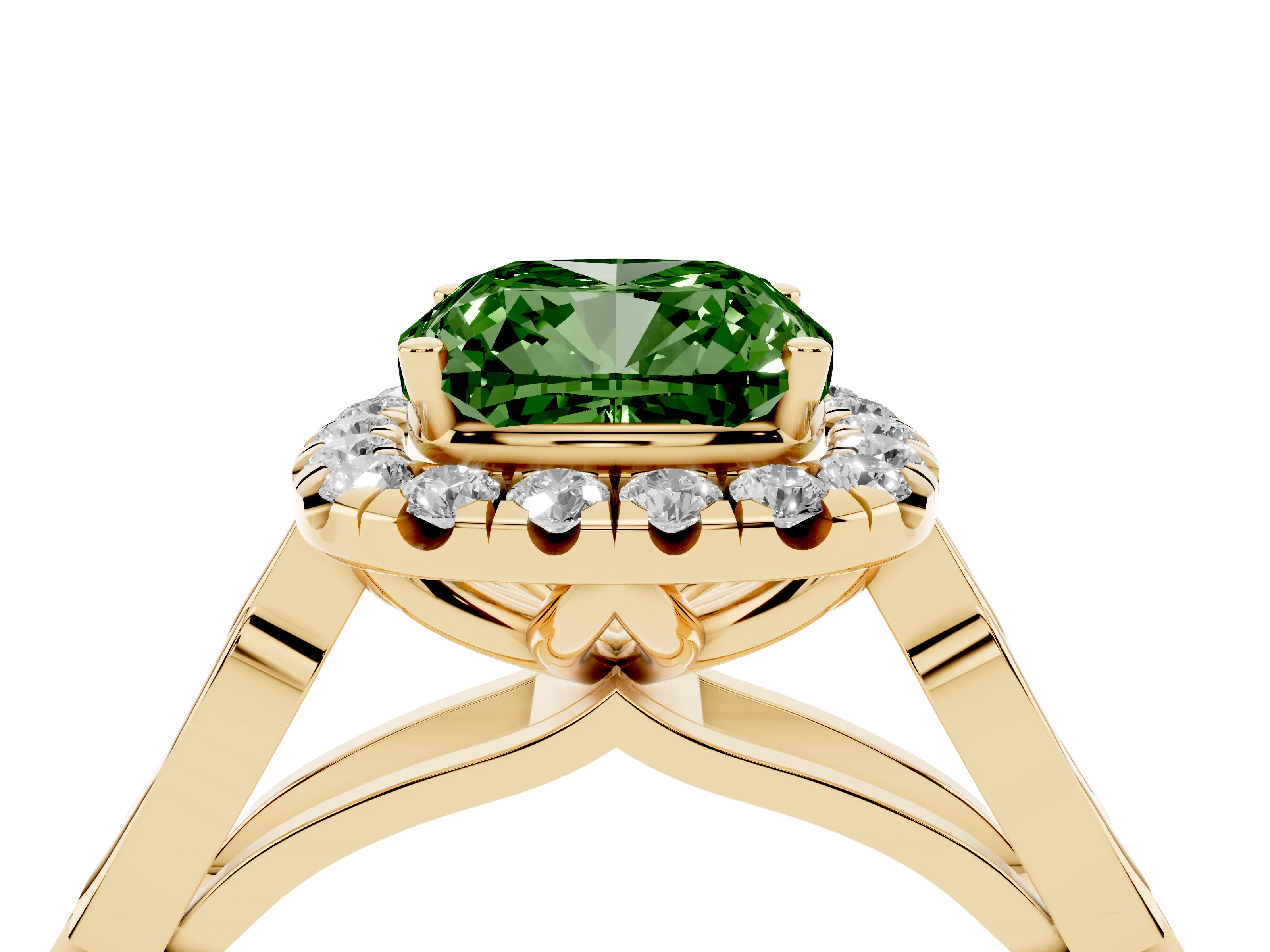 Fancy Green Cushion Cut Diamond Halo Engagement Ring Set in Yellow gold with Filigree Band and Prong-Set Center