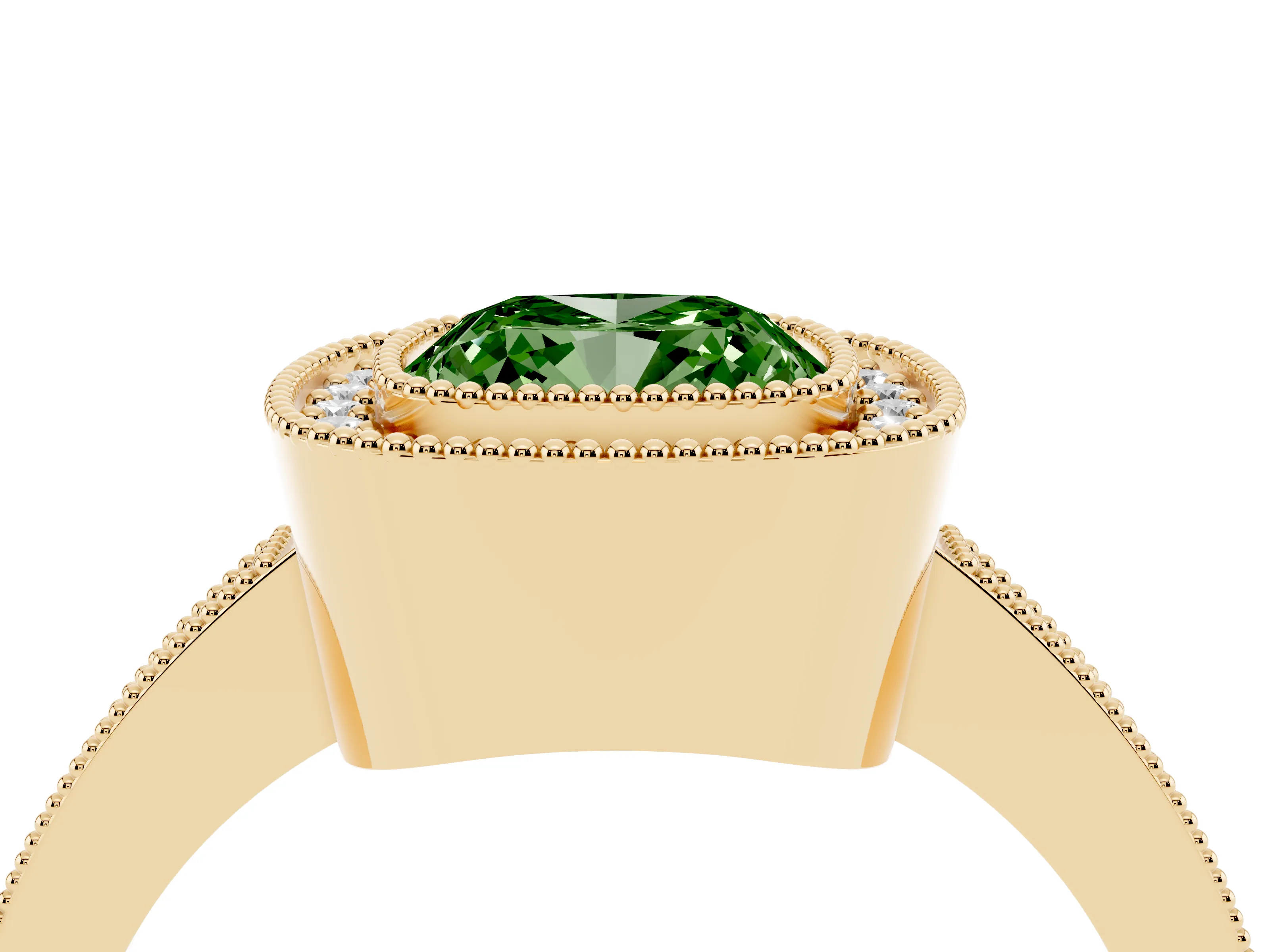 Fancy Green Cushion Cut Diamond Halo Engagement Ring Set in Yellow gold with Pavé Band and Round Halo Stones