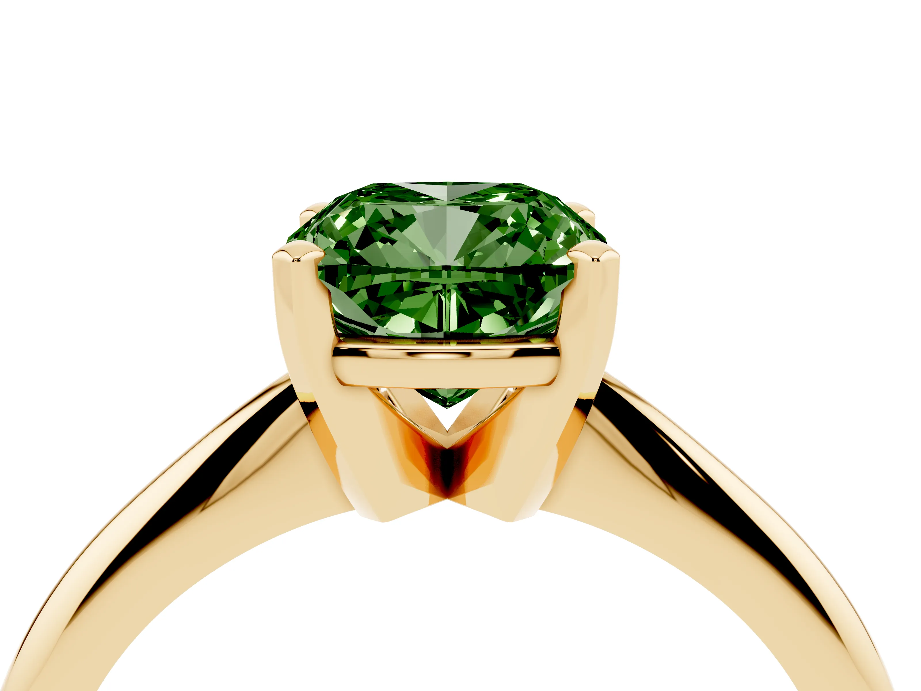 Fancy Green Cushion Cut Diamond Solitaire Ring Set in Yellow gold with Prong Setting on a Plain Round Band