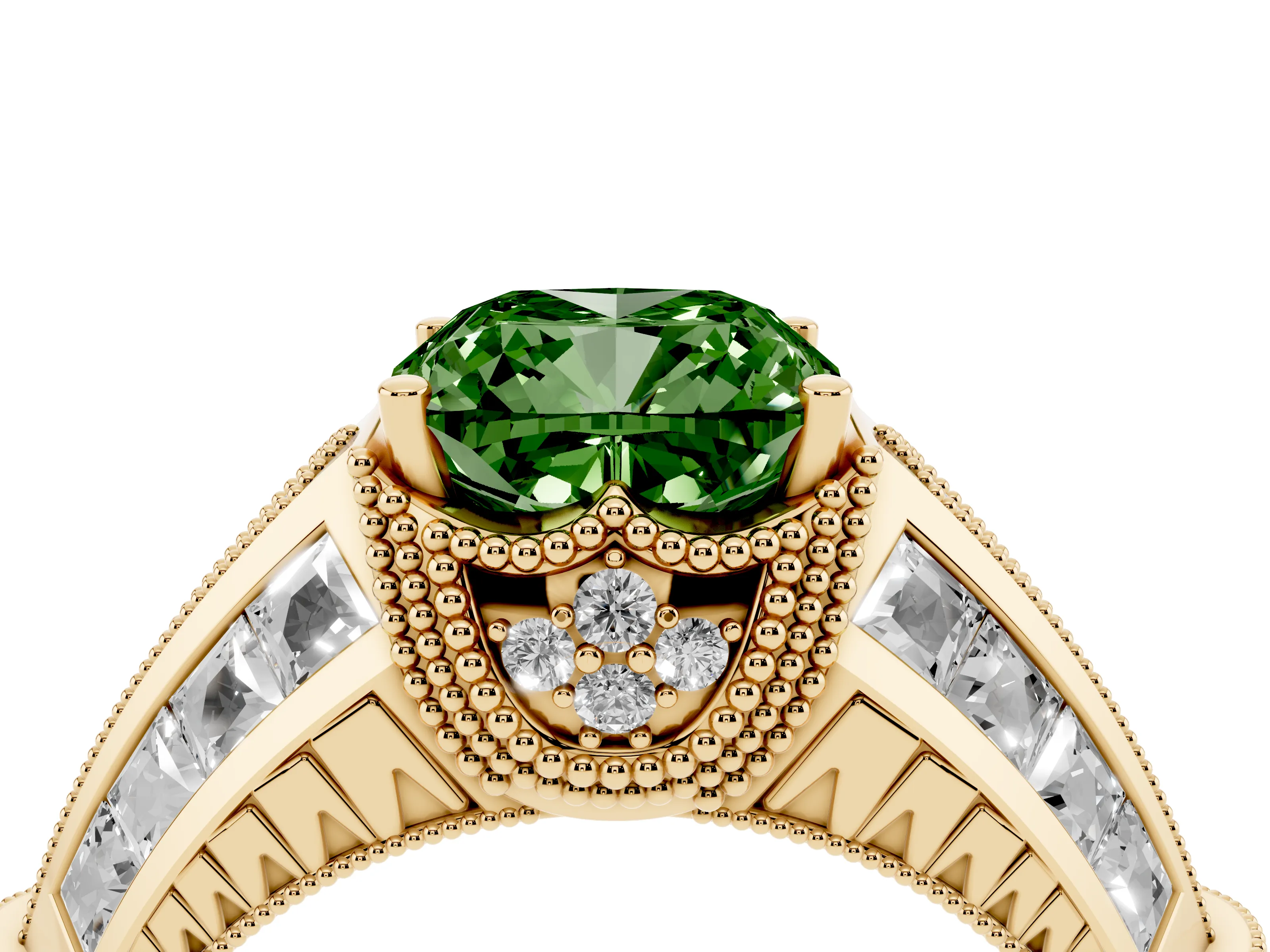Fancy Green Cushion Cut Diamond Vintage-Inspired Milgrain Ring Set in Yellow gold with Accent Split Shank