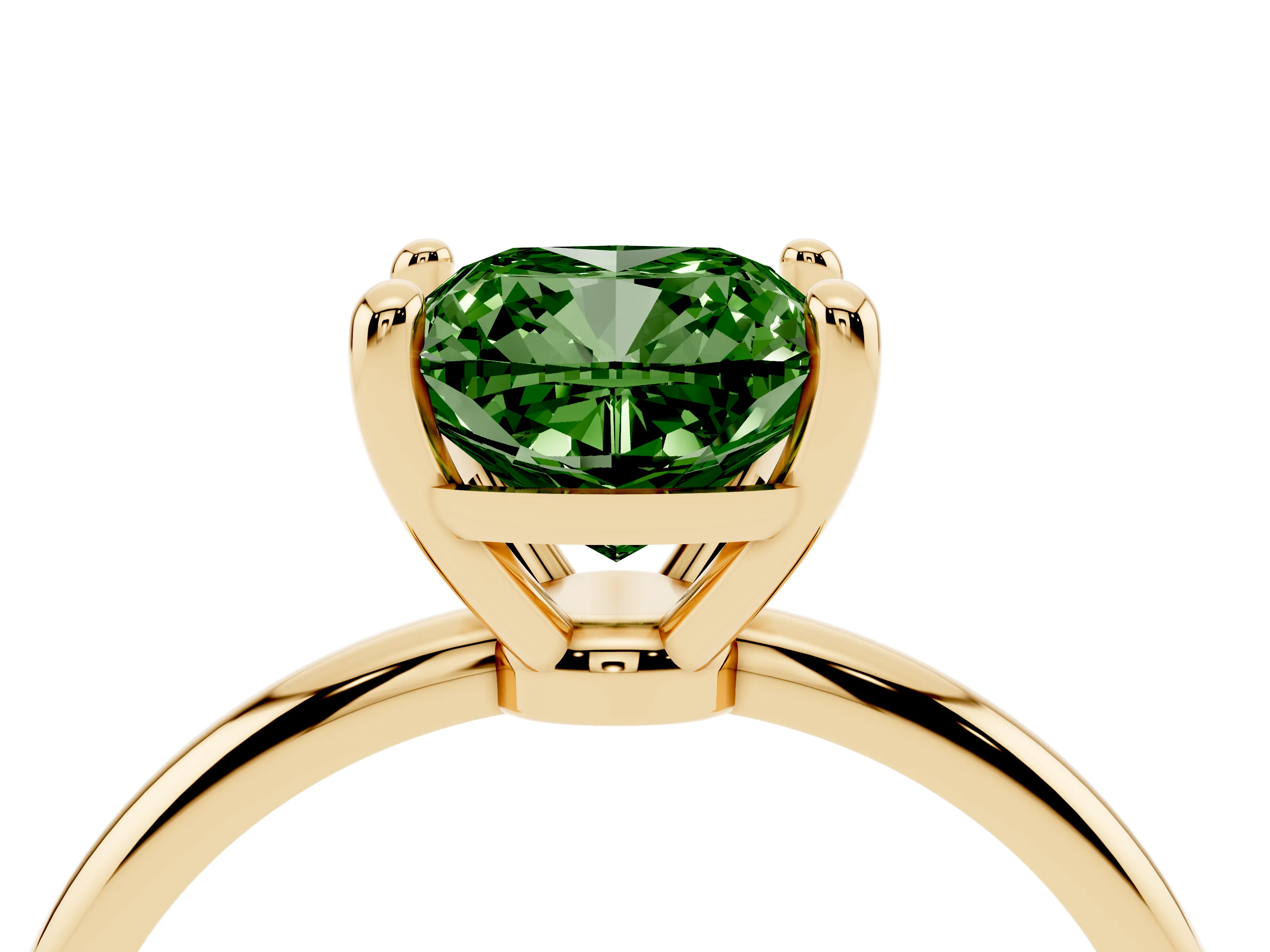Fancy Green Cushion Cut Diamond Solitaire Ring Set in Yellow gold with Secure Prong Setting on a Classic Band