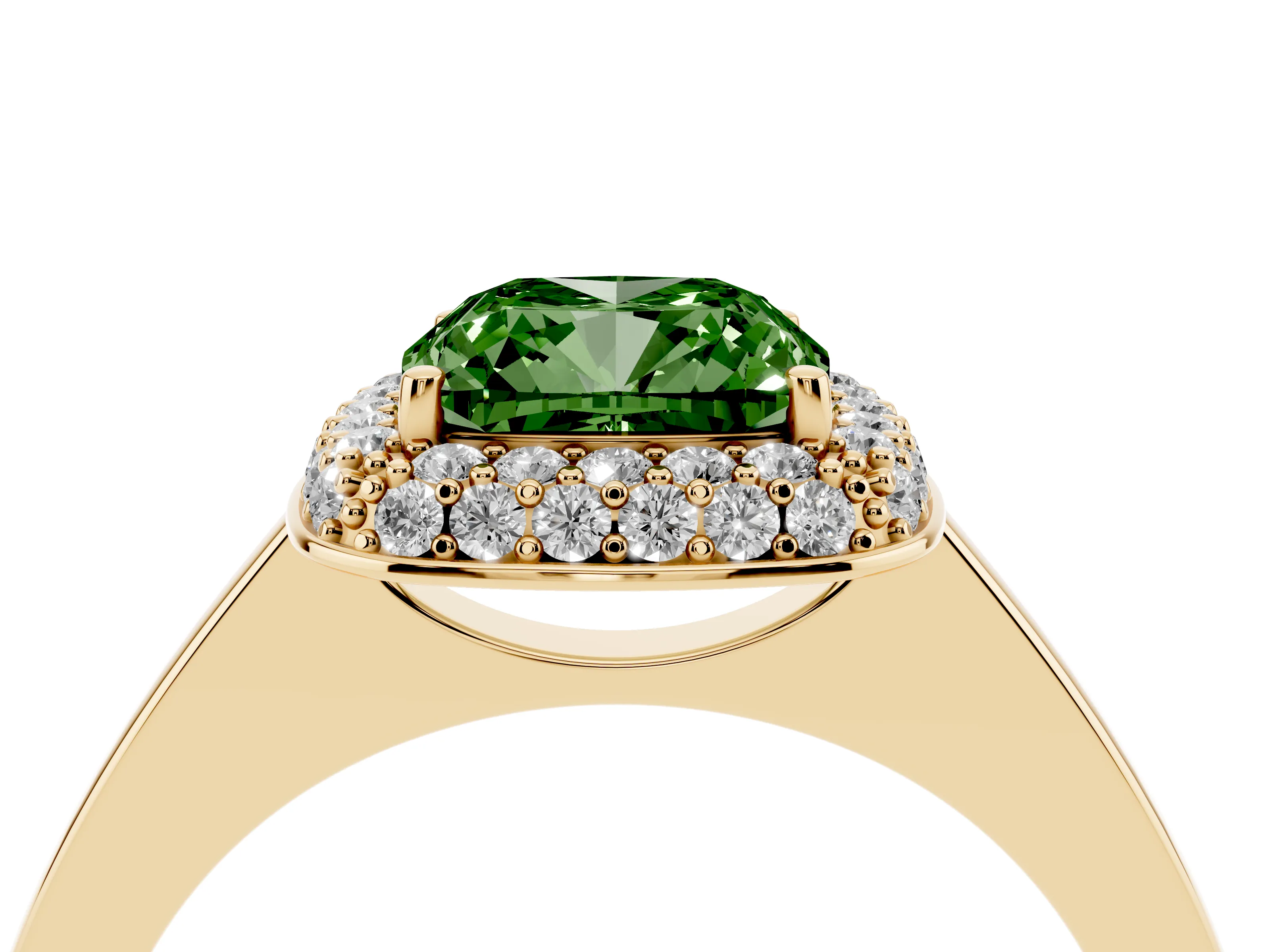 Fancy Green Cushion Cut Diamond Halo Engagement Ring Set in Yellow gold with Solitaire Band and Prong Setting