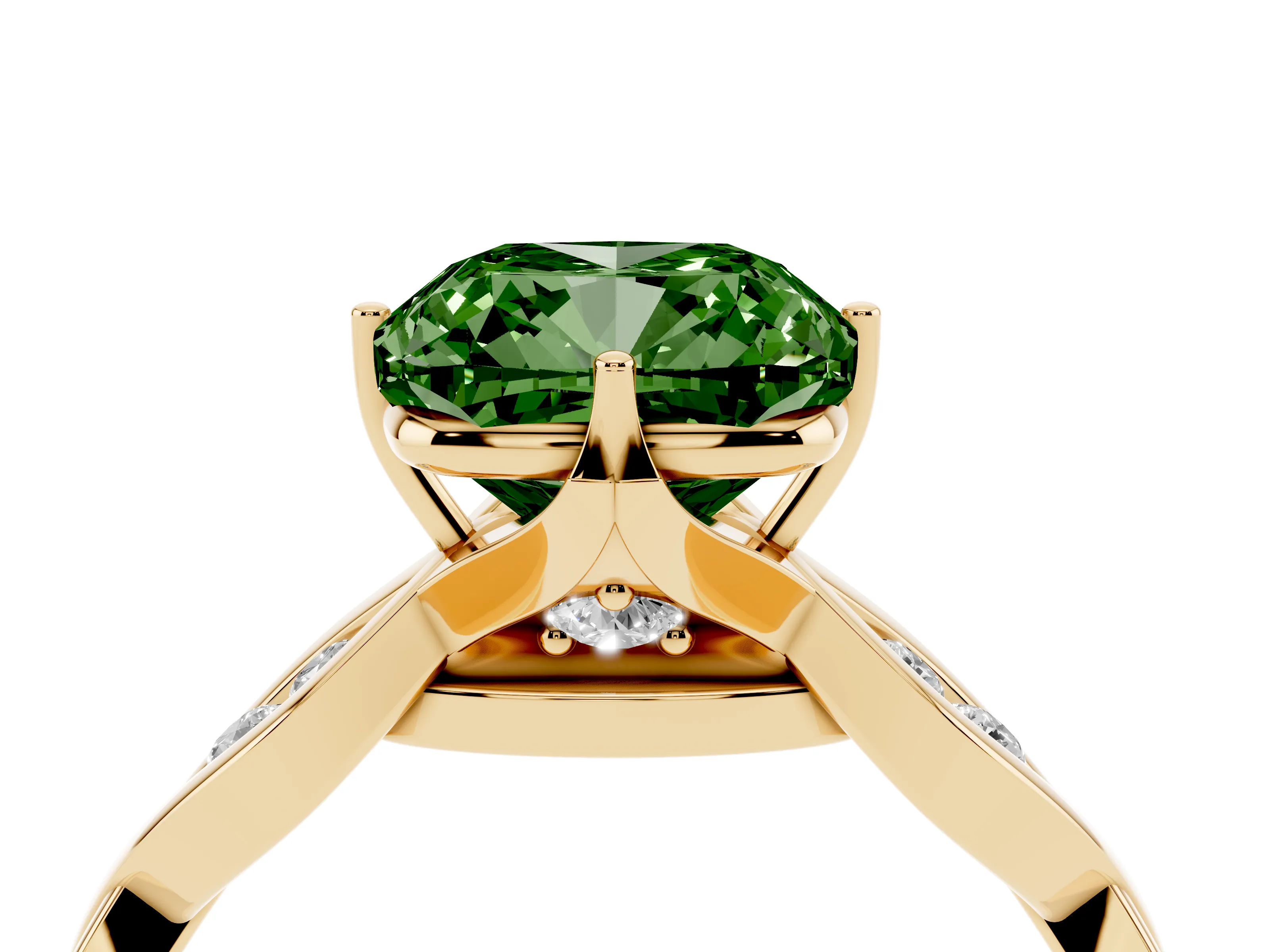 Fancy Green Cushion Cut Diamond Twist Band Solitaire Ring Set in Yellow gold with Leaf Prong Setting and Accent Stones