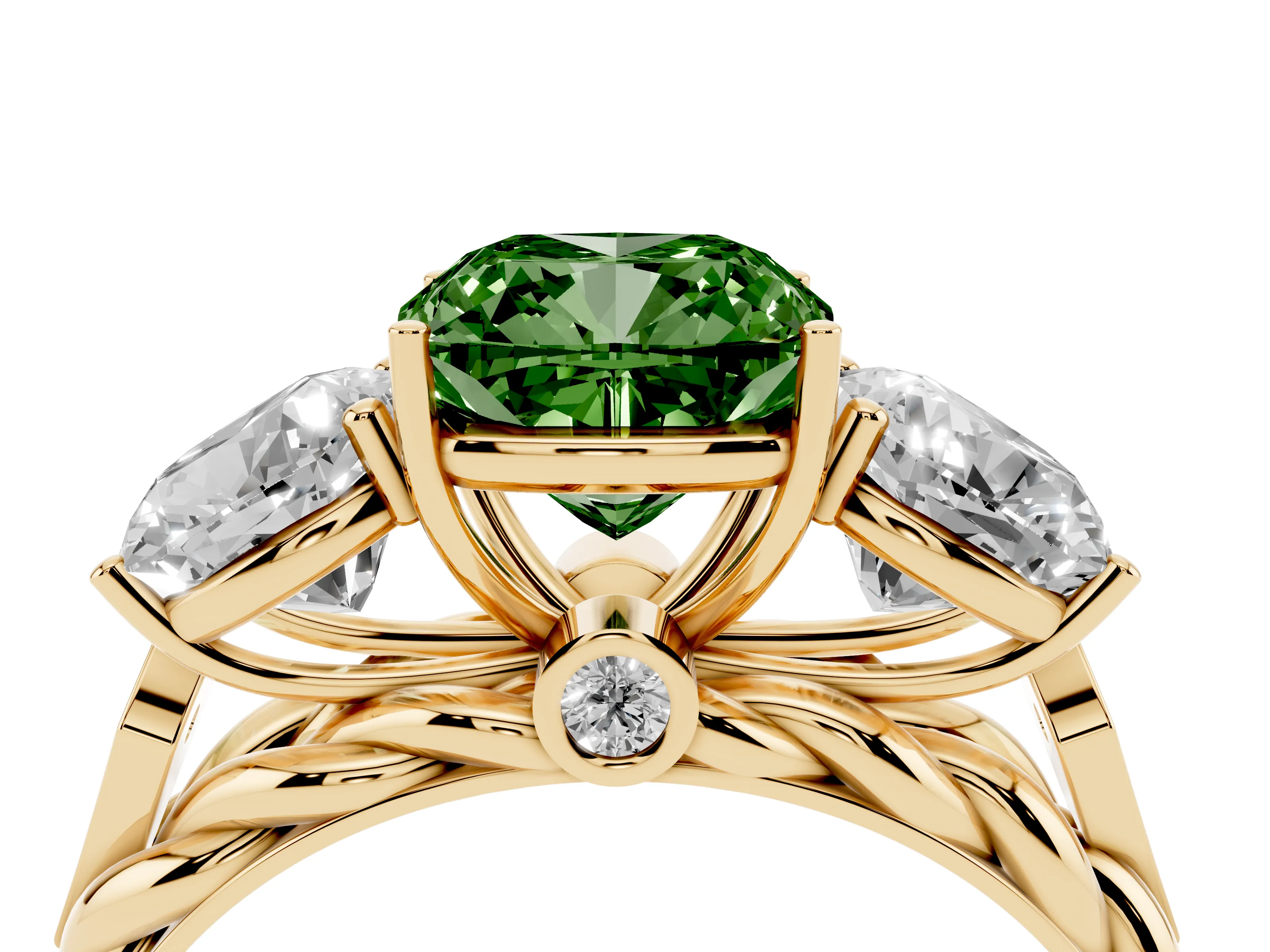 Fancy Green Cushion Cut Diamond Three-Stone Ring Set in Yellow gold with Braided Band
