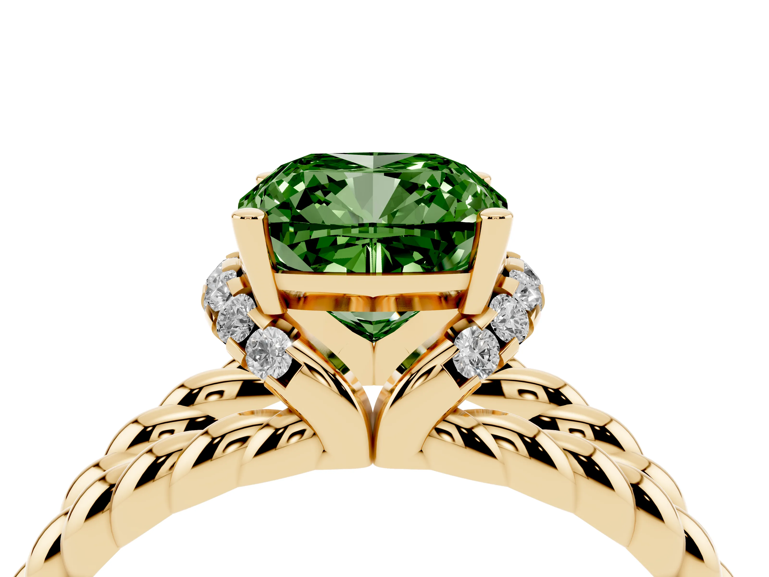 Fancy Green Cushion Cut Diamond Halo Ring Set in Yellow gold with Twisted Band and Prong Setting