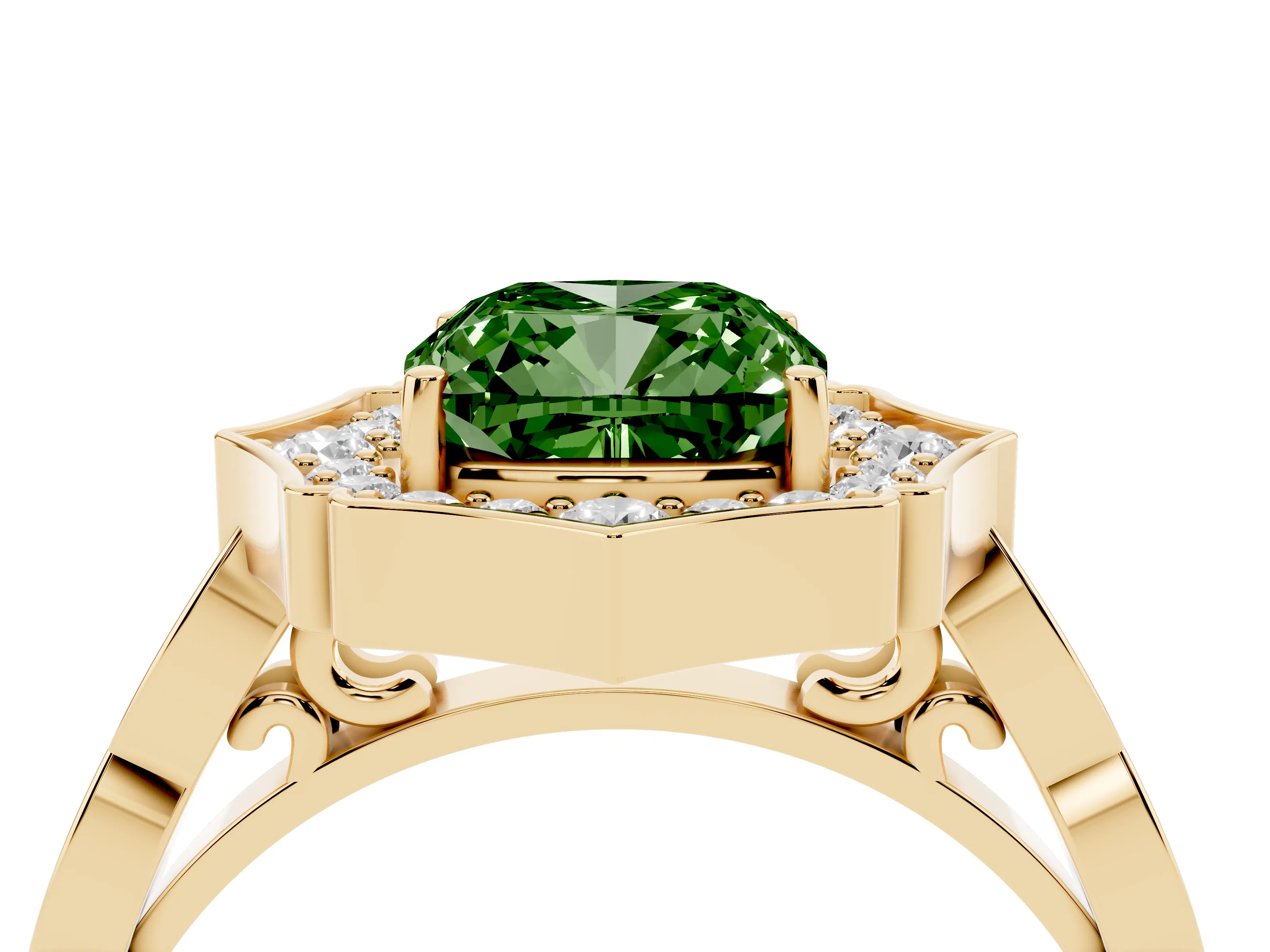 Fancy Green Cushion Cut Diamond Halo Engagement Ring Set in Yellow gold with Milgrain Band and Prong Setting