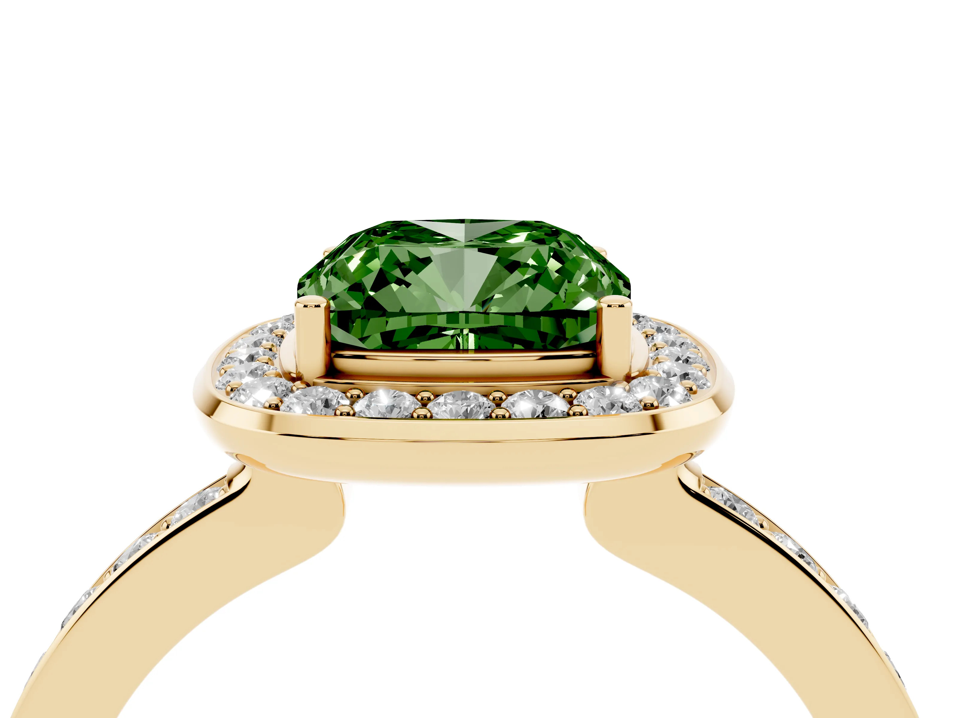 Fancy Green Cushion Cut Diamond Halo Ring Set in Yellow gold with Bezel Frame and Pavé Band