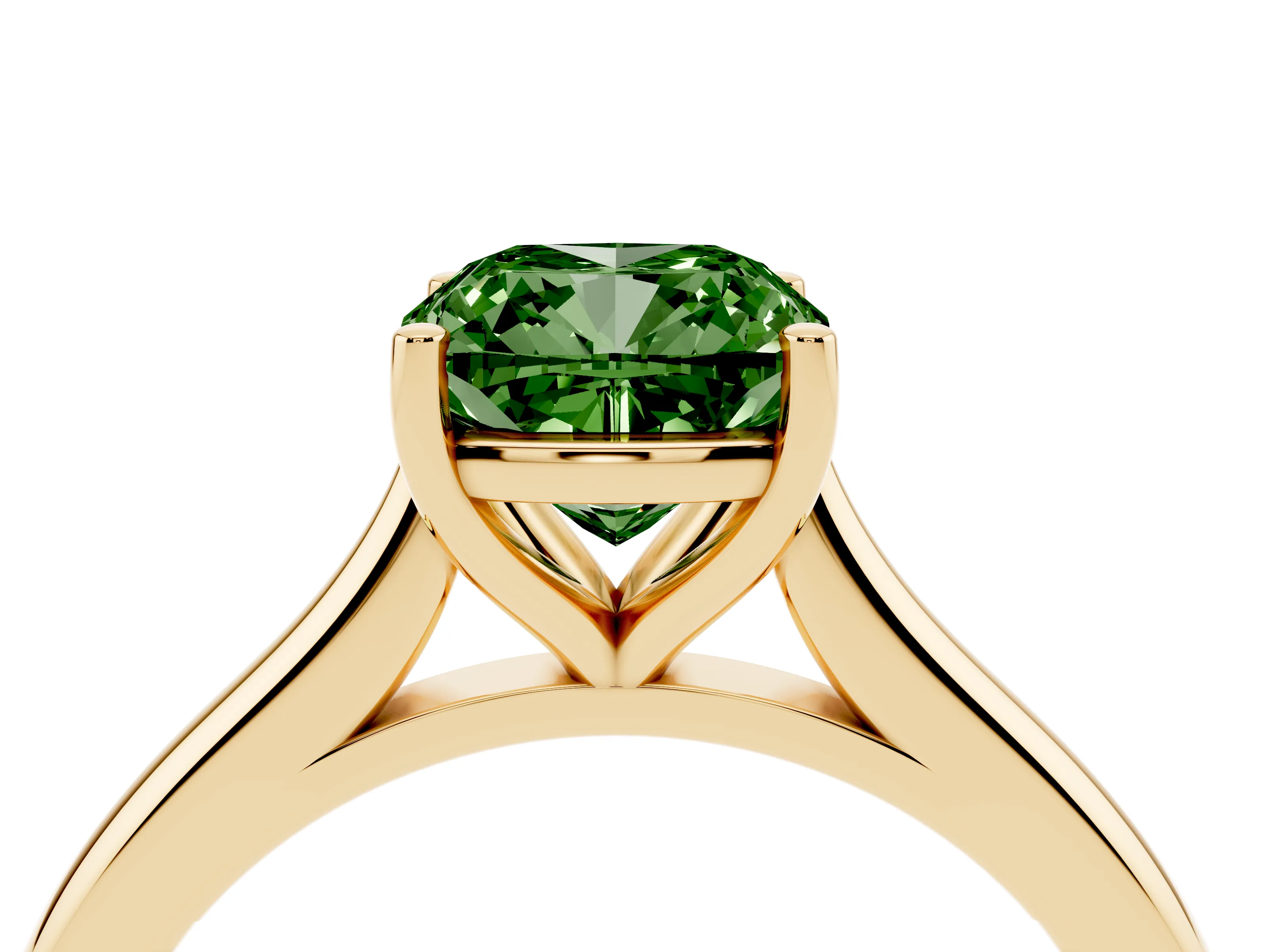 Fancy Green Cushion Cut Diamond Solitaire Ring Set in Yellow gold with Cathedral Band and Prong Setting