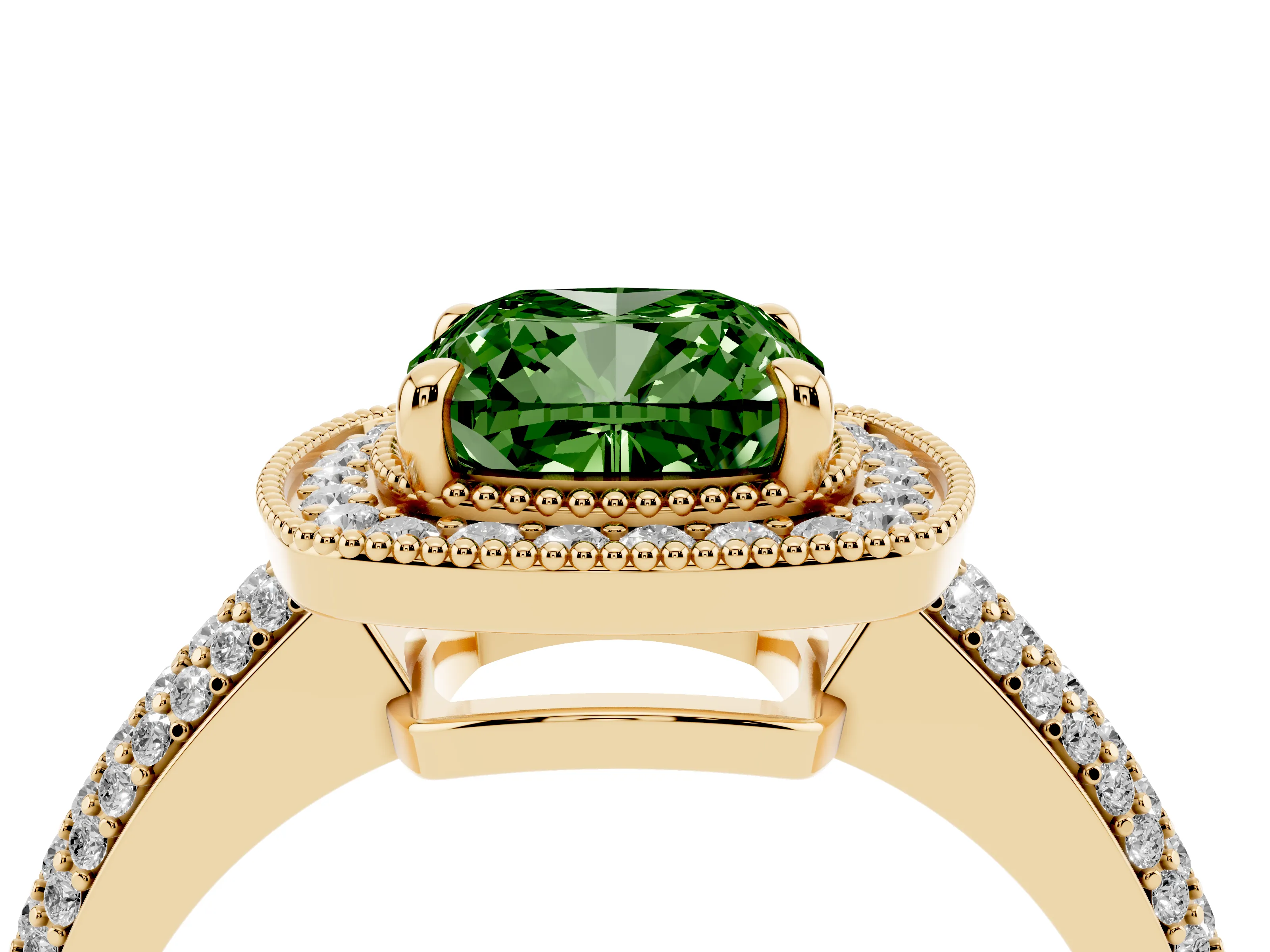 Fancy Green Cushion Cut Diamond Halo Pavé Band Set in Yellow gold with Prong Setting