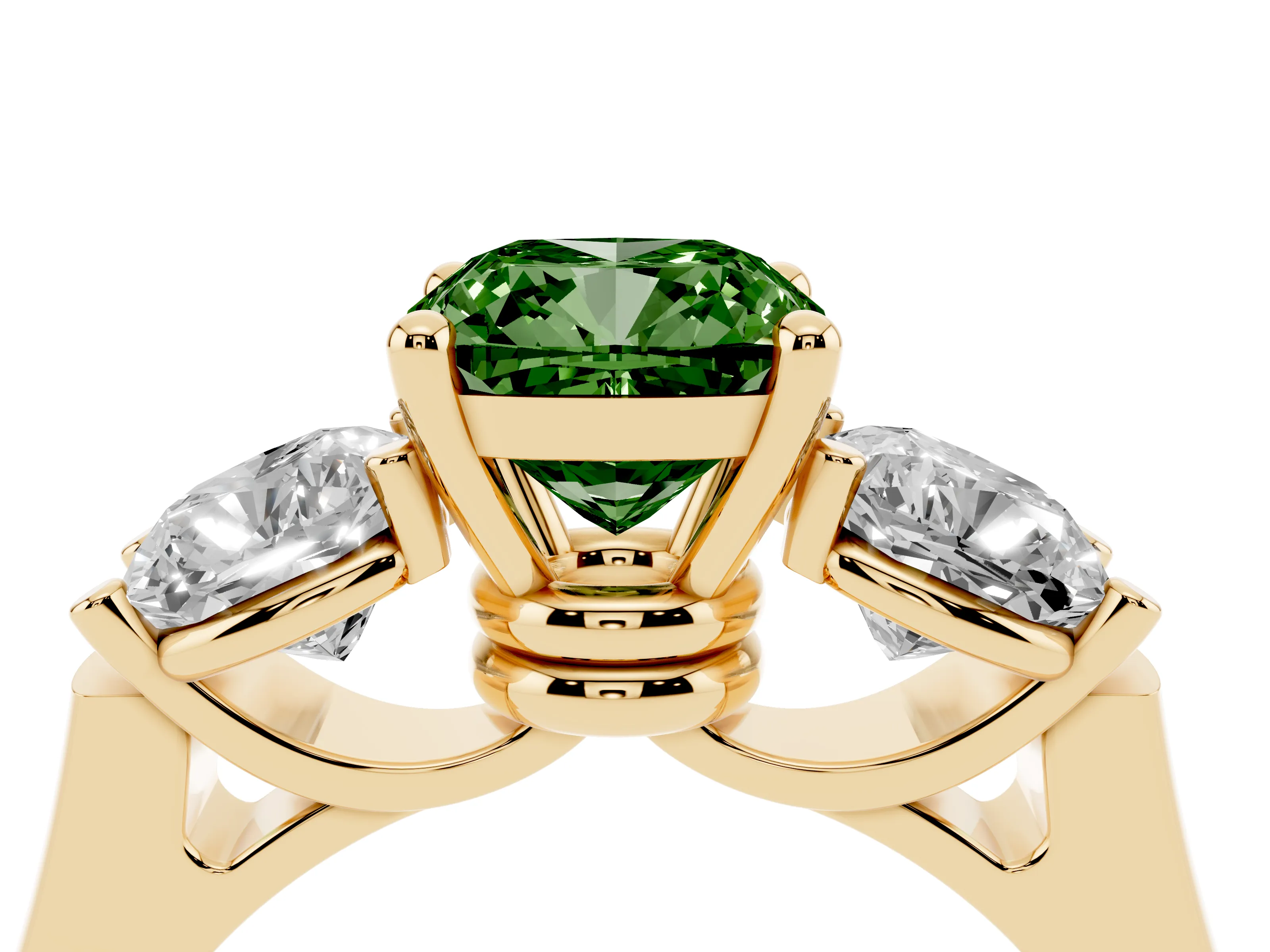 Fancy Green Cushion Cut Diamond Three-Stone Trellis Ring Set in Yellow gold with Comfort Fit Band