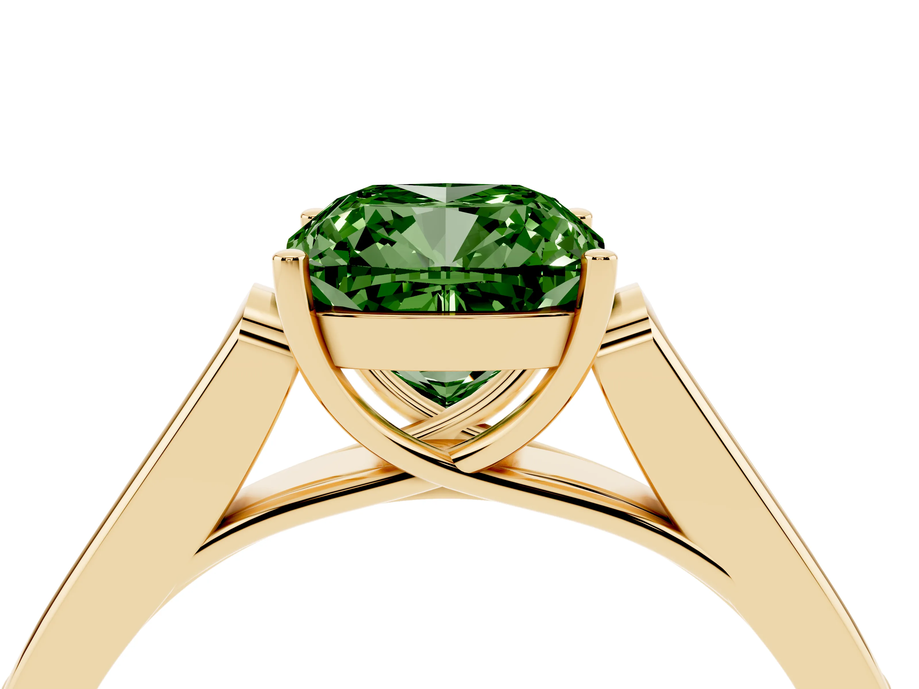 Fancy Green Cushion Cut Diamond Solitaire Cathedral Engagement Ring Set in Yellow gold with Channel-Set Band and Prong Setting