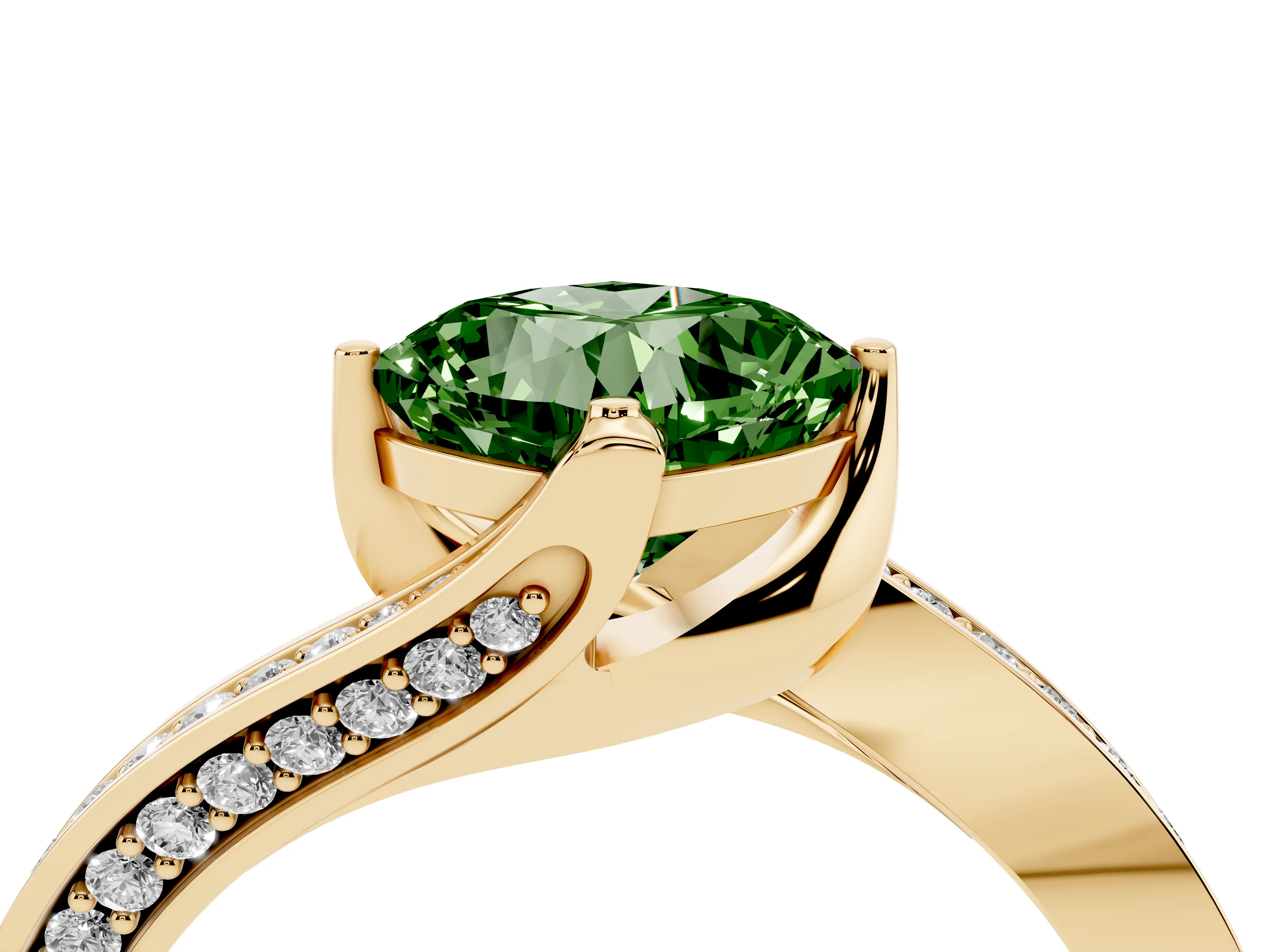 Fancy Green Cushion Cut Diamond Solitaire Ring Set in Yellow gold with Intertwined Pavé Twist Band
