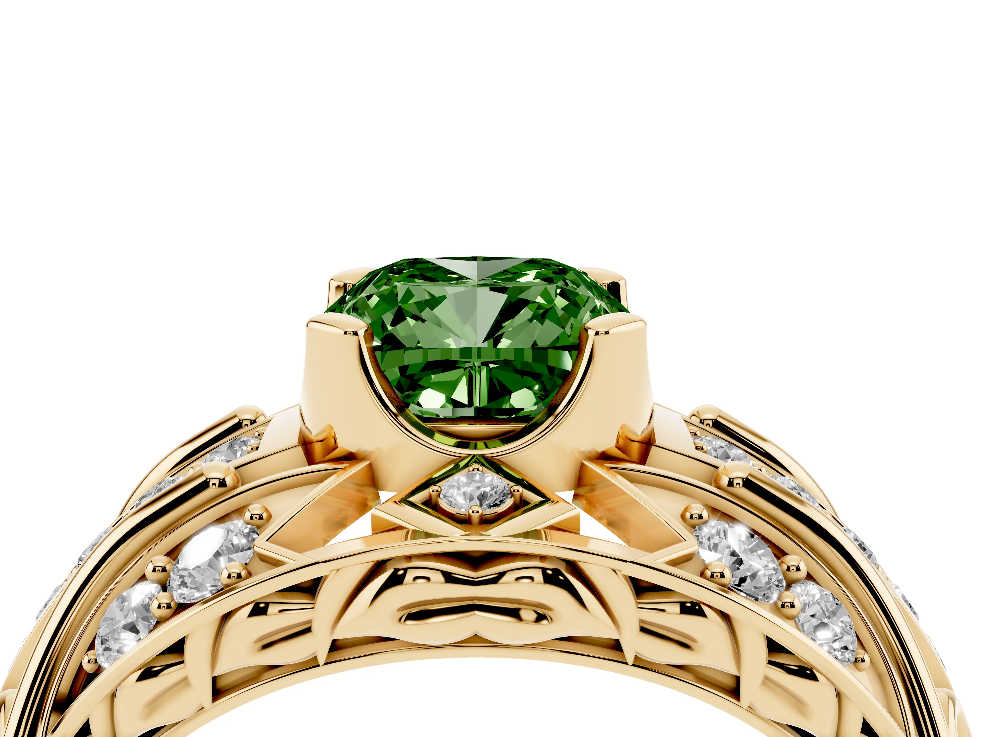 Fancy Green Cushion Cut Diamond Art Deco Ring Set in Yellow gold with Pavé Split Shank