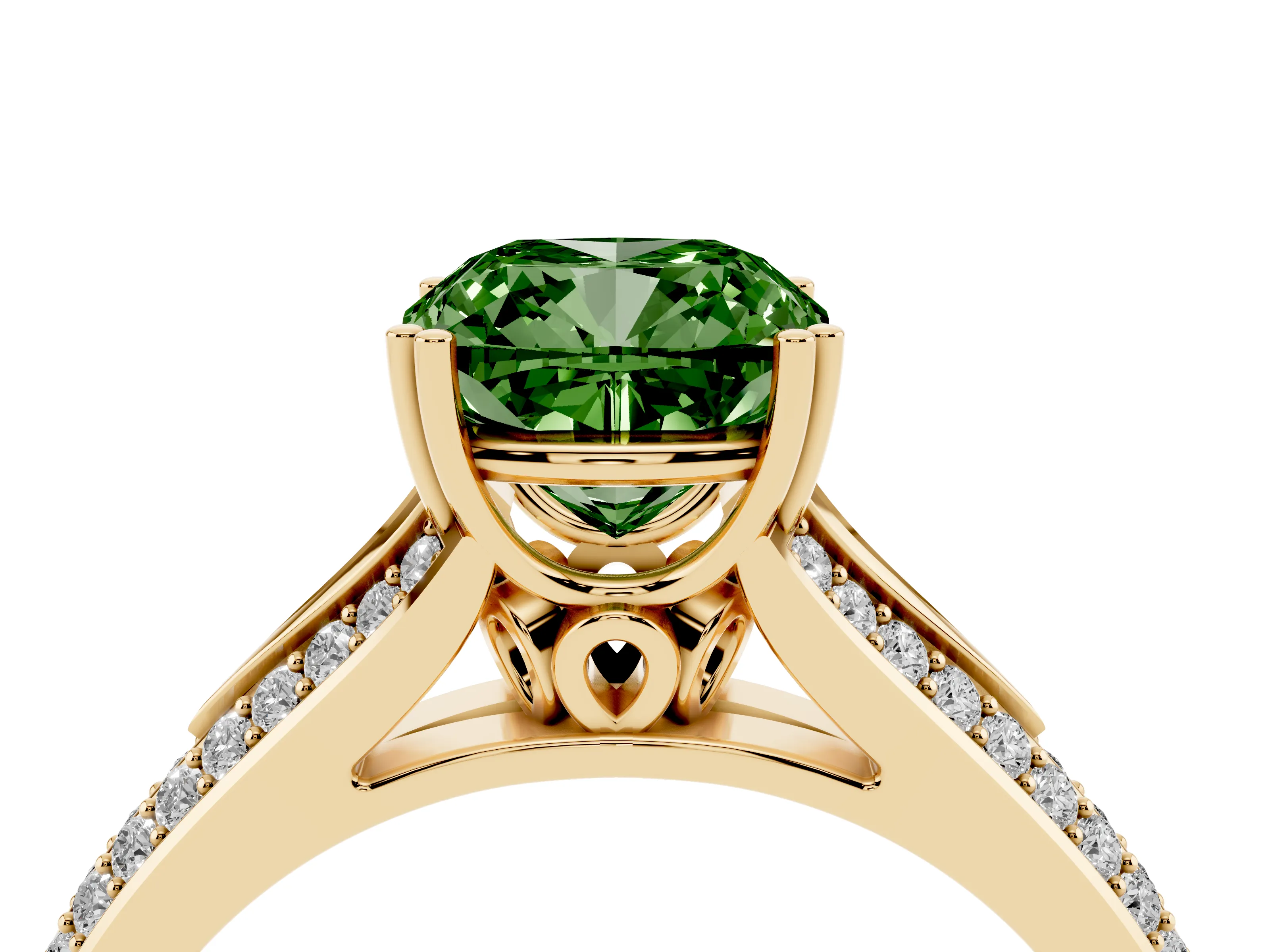 Fancy Green Cushion Cut Diamond Split Shank Pavé Engagement Ring Set in Yellow gold with Prong-Set Center Stone