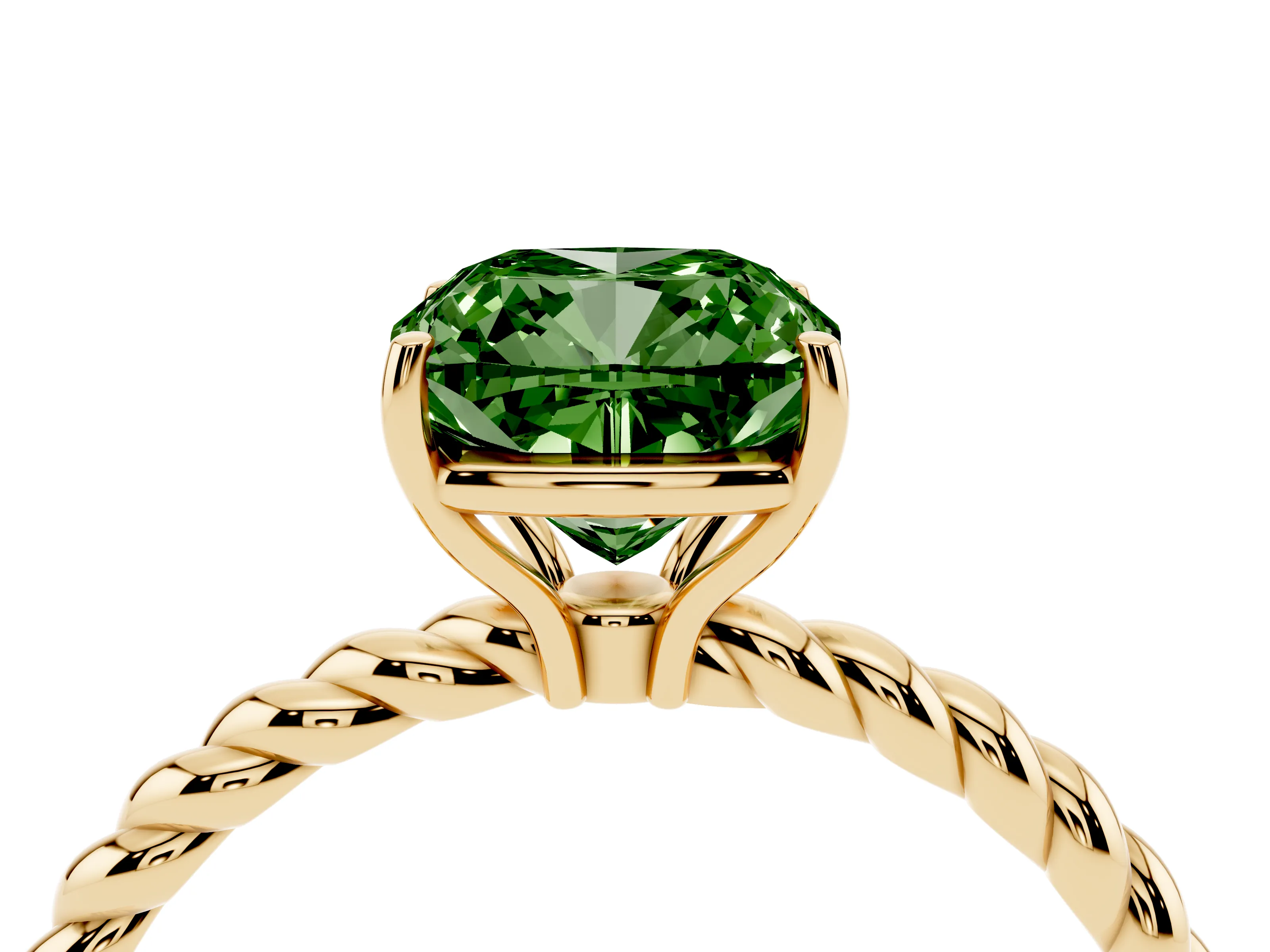 Fancy Green Cushion Cut Diamond Solitaire Ring Set in Yellow gold with Twist Band and Prong Setting